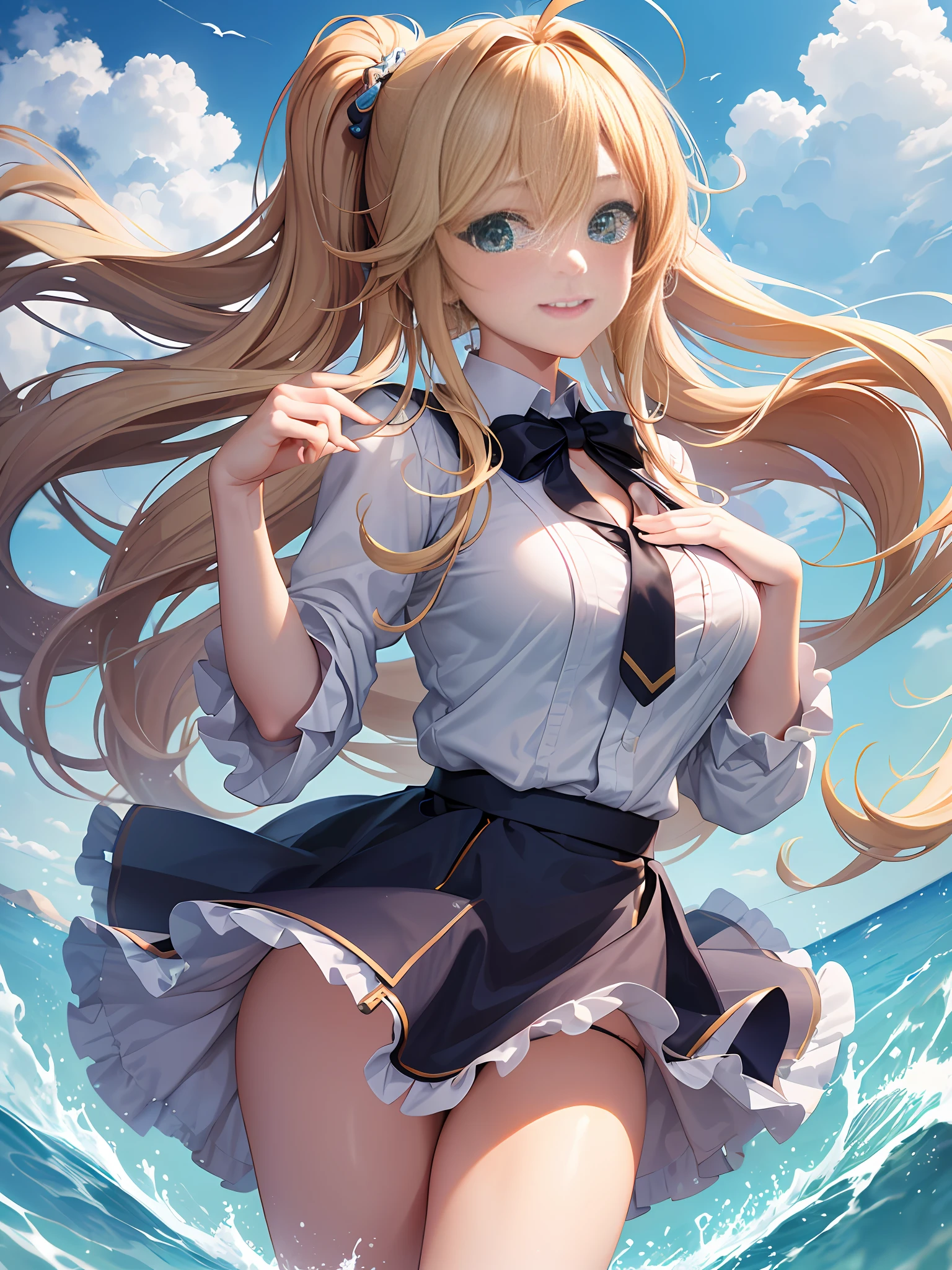 Masterpiece, Best Quality, Official Art, (Highly Detailed CG Unity 8k wallpaper), Detailed background, (Hands by Guido Daniele: 1.1), Feet out of frame, First person perspective, 1, Attractive and perfect beautiful woman, Schoolgirl, JK, schoolgirl uniform, summer, blue sky, wide sea, wind blowing, (((Flipping skirt, panties visible))), optimal ratio of 4 fingers and 1 thumb, (curvaceous) , ( White thighs: 1.12), ( Blonde long hair: 1.12), (Ahoge: 1.13), (High ponytail: 1.12), (Green eyes: 1.13), look at the beholder, big, (cleavage), beautiful face, (blush: 1.11), (smile: 1.11)