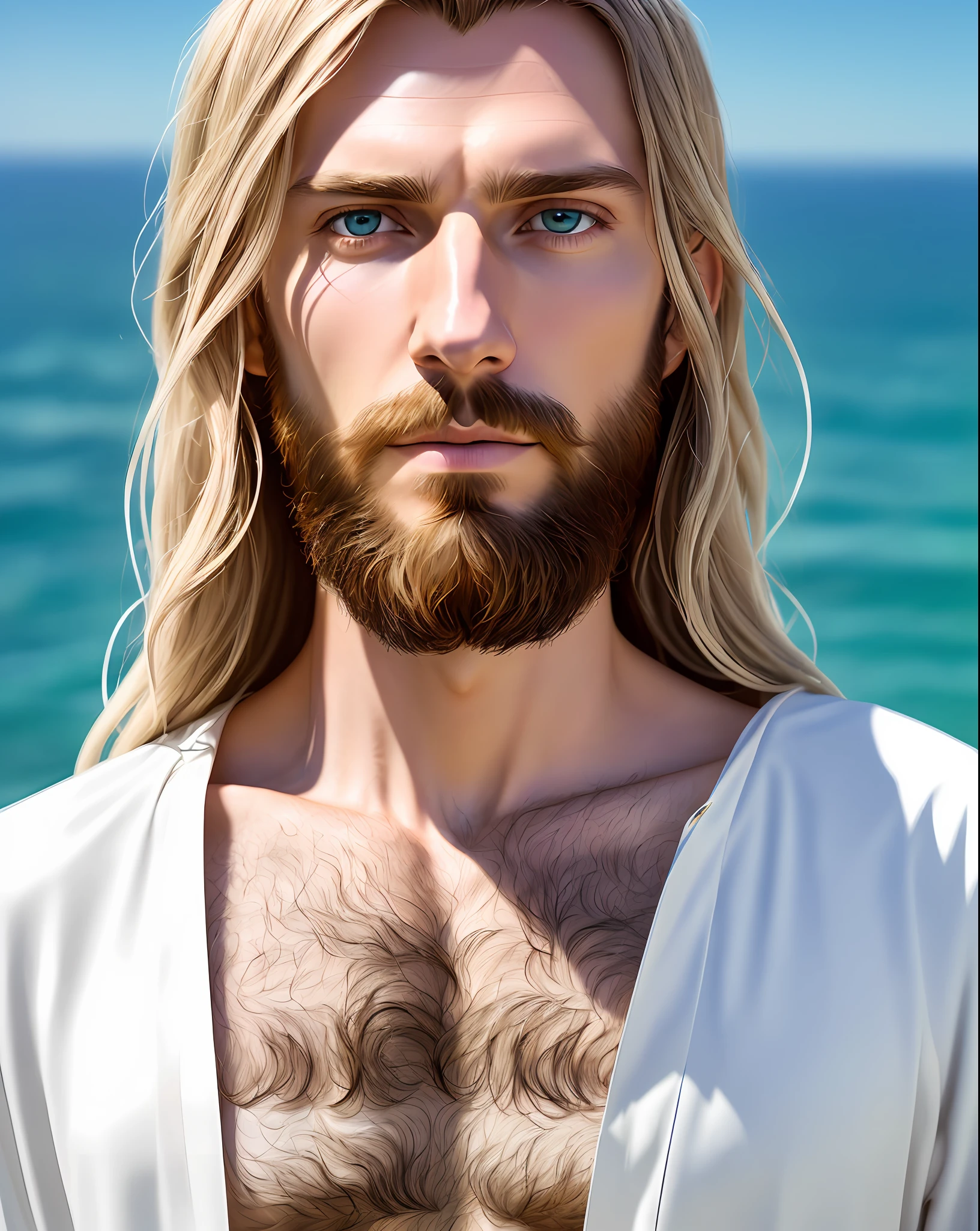 (symmetry), centered, a (((next)) portrait from above, (Jesus), a very thin white man with long hair and beard, wearing a long white tunic, 35mm, natural skin, clothing details, 8k texture, 8k, insane details, complex details, hyper-detailed highly detailed, realistic, soft cinematic light, HDR, sharp focus, ((((cinematic visual)))), intricate, elegant, highly detailed, on top of the sea
