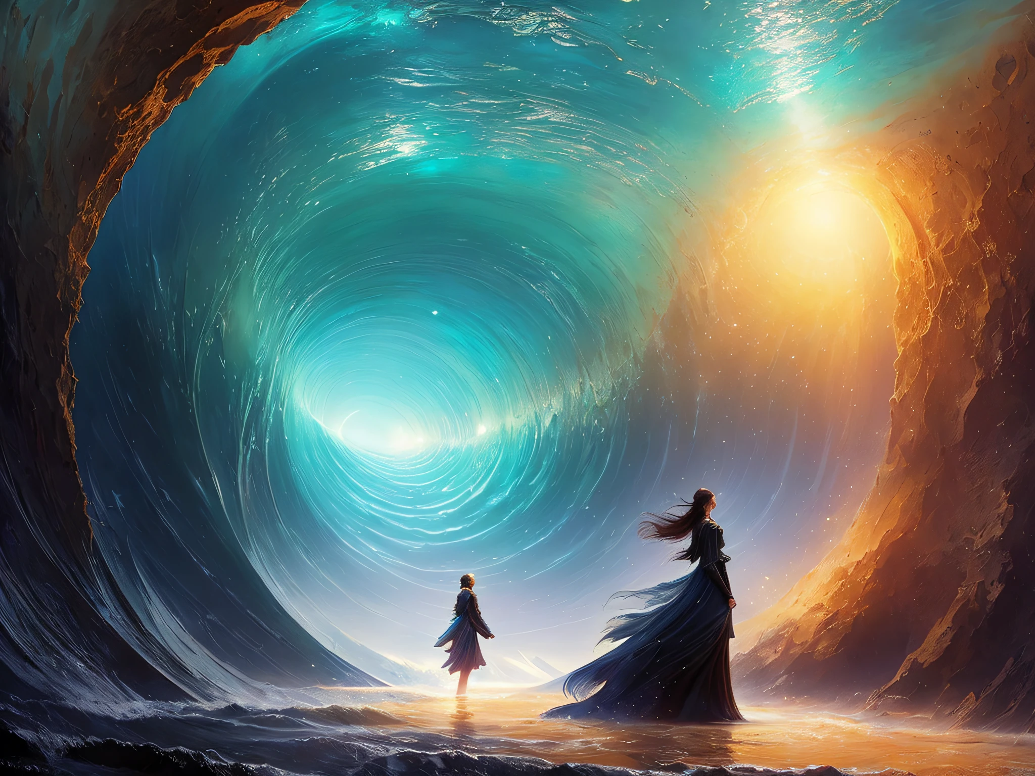 full long shot, (portrait:0.1) (standing) beautiful 18yo girl shocked transparent clothes, inside the water waves tunnel, stars (blackhole) background, wet, sunrays, insane details, cinematic, epic realistic, intricate details, hyperdetailed, high quality, [RAW], (by Ivan Aivazovsky), by greg rutkowski
