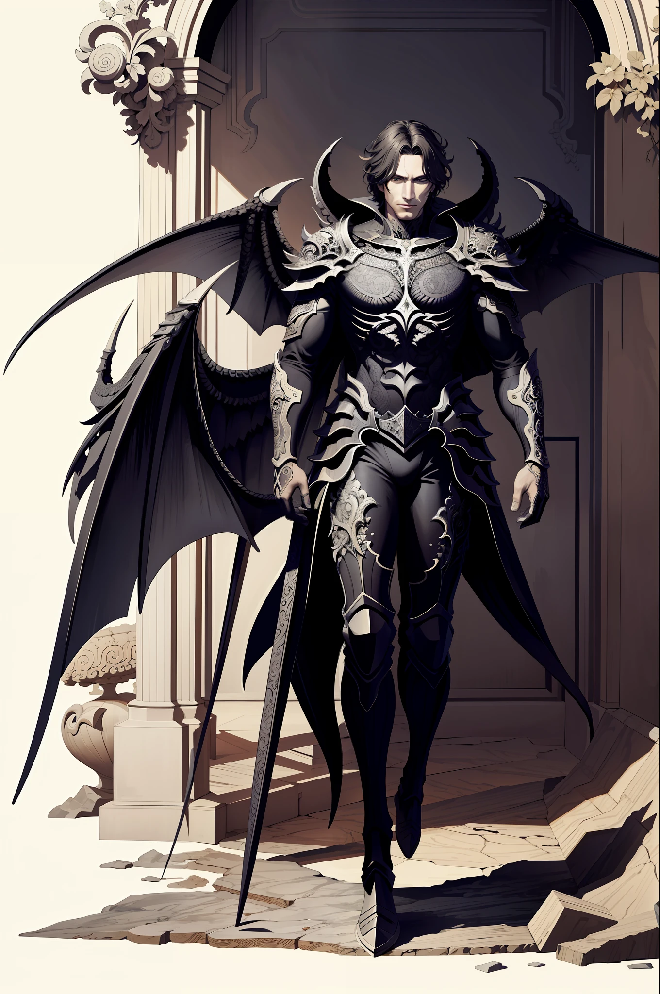 (masterpiece, best quality, high resolution: 1.4), detailed, intricate details, 4K, color splashes, line art, art, fibonacci, Hades god of the underworld, knights of the zodiac, black armor with wings, male, very beautiful