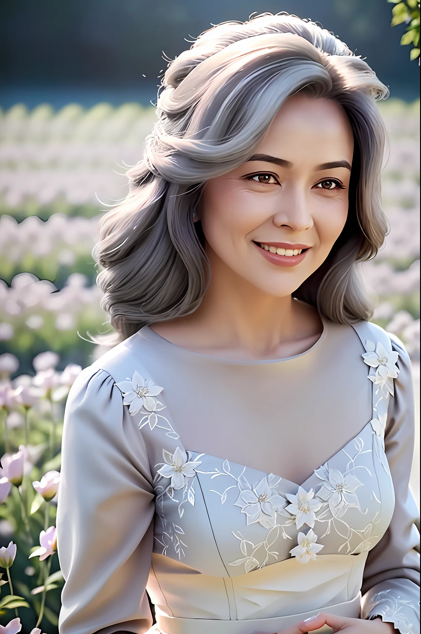 beautiful woman standing, mature, gray hair, long and elegant dress, in a field of flowers, contrast, texture, realism, high quality, film grain, FUJIFILM XT3, crazy detail, intricate detail, hyper detail, soft cinematic light, adobe light, photolab, complex, very detailed, muted color, crazy detail, intricate detail, hyper detail, soft cinematic light, adobe light, photolab, complex, very detailed, Color changes, masterpiece, ((close-up portrait of a smiling mature woman) , deep wrinkles at the corners of the mouth), (backlight), (complex, octane rendering, very detailed, 8K, HDR, UHD, High Quality, Professional, Trend in Unreal Engine, ArtStation), Lens Flare, Shading, Laughter