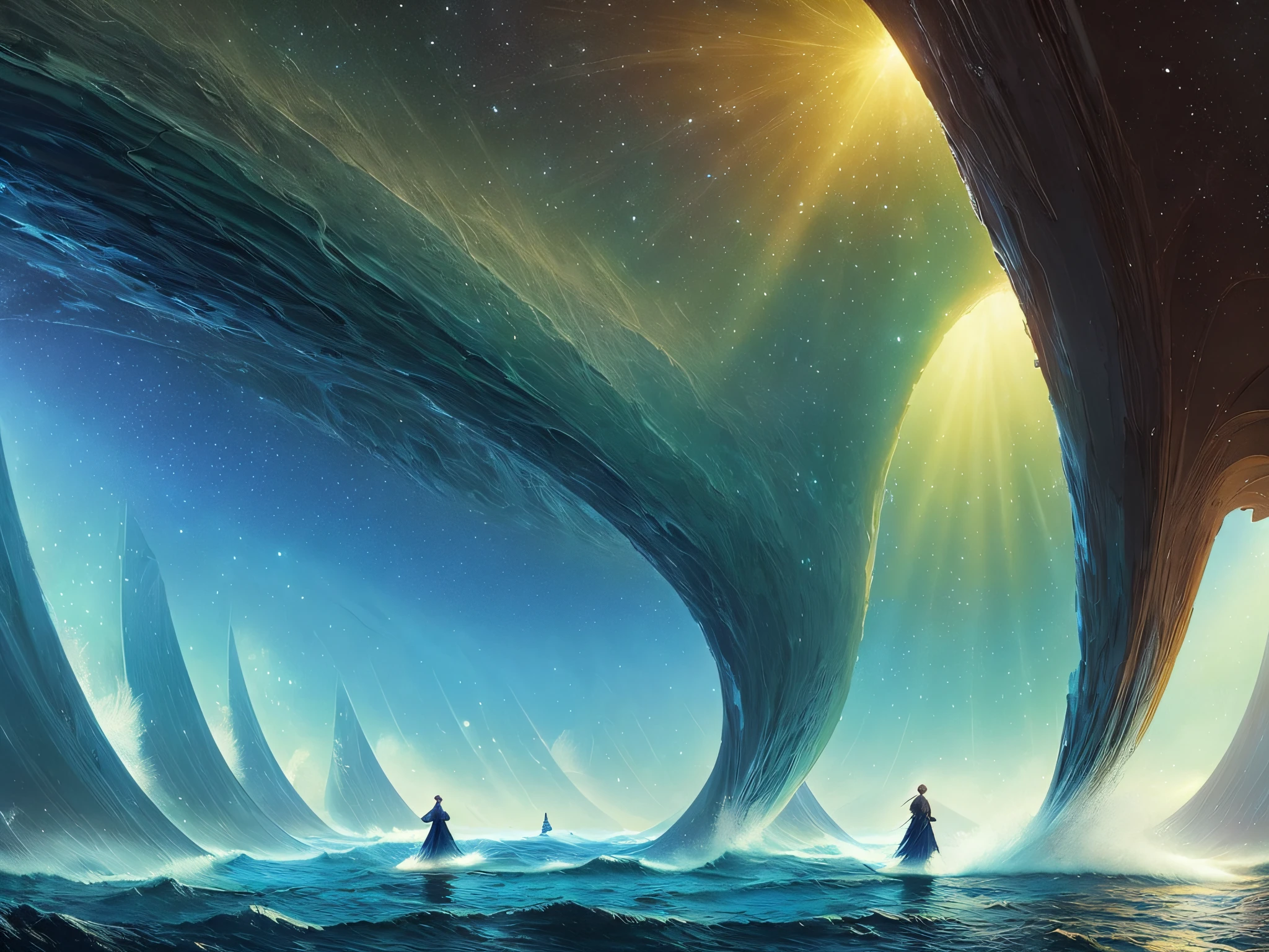full long shot, (portrait:0.1) (standing) beautiful 18yo girl shocked transparent clothes, inside the water waves tunnel, stars (blackhole) background, wet, sunrays, insane details, cinematic, epic realistic, intricate details, hyperdetailed, high quality, [RAW], (by Ivan Aivazovsky), by greg rutkowski