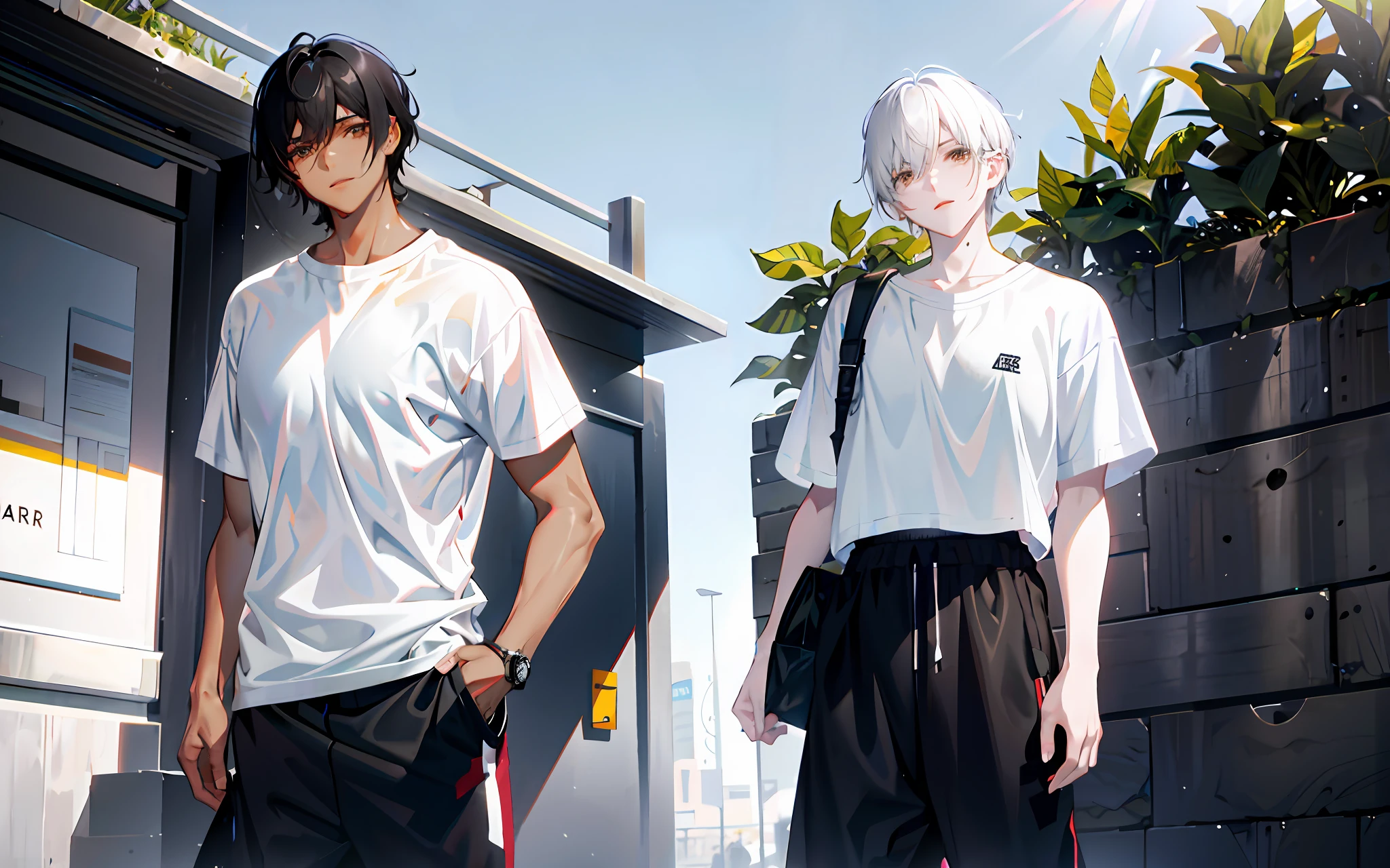 Black short hair boy, white skin, apricot eyes, white T-shirt, sweatpants, youth, sunshine, waist pack, high school student,