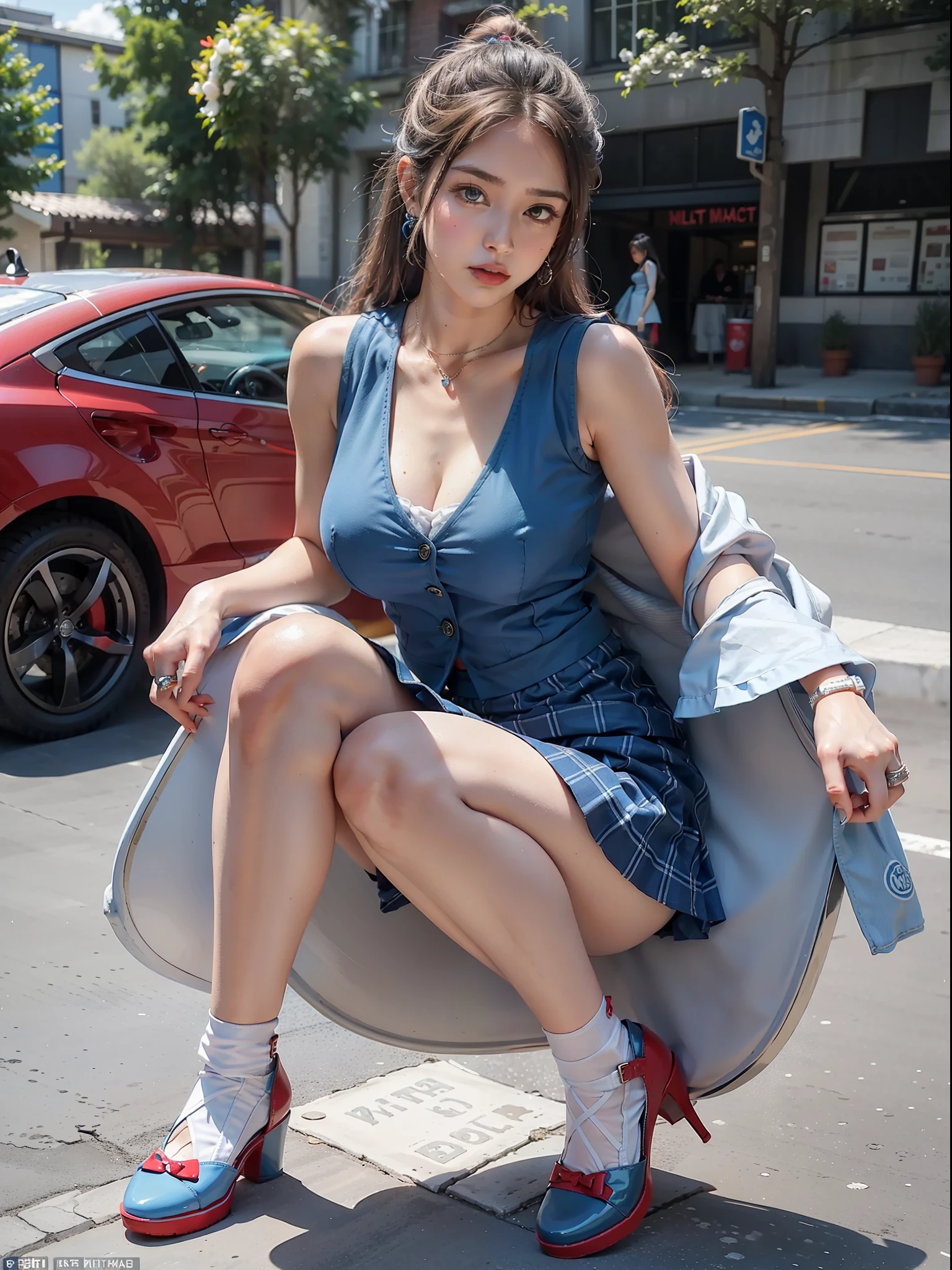 (Female: 1.2), (Big breasts: 1.2), (Mullet head emanated), (Ring finger diamond ring), (Blue vest), (Blue short skirt), (Red board shoes), (Spring Clothes), (Long legs), Back, Buttocks, Full Body, Masterpiece, Realism