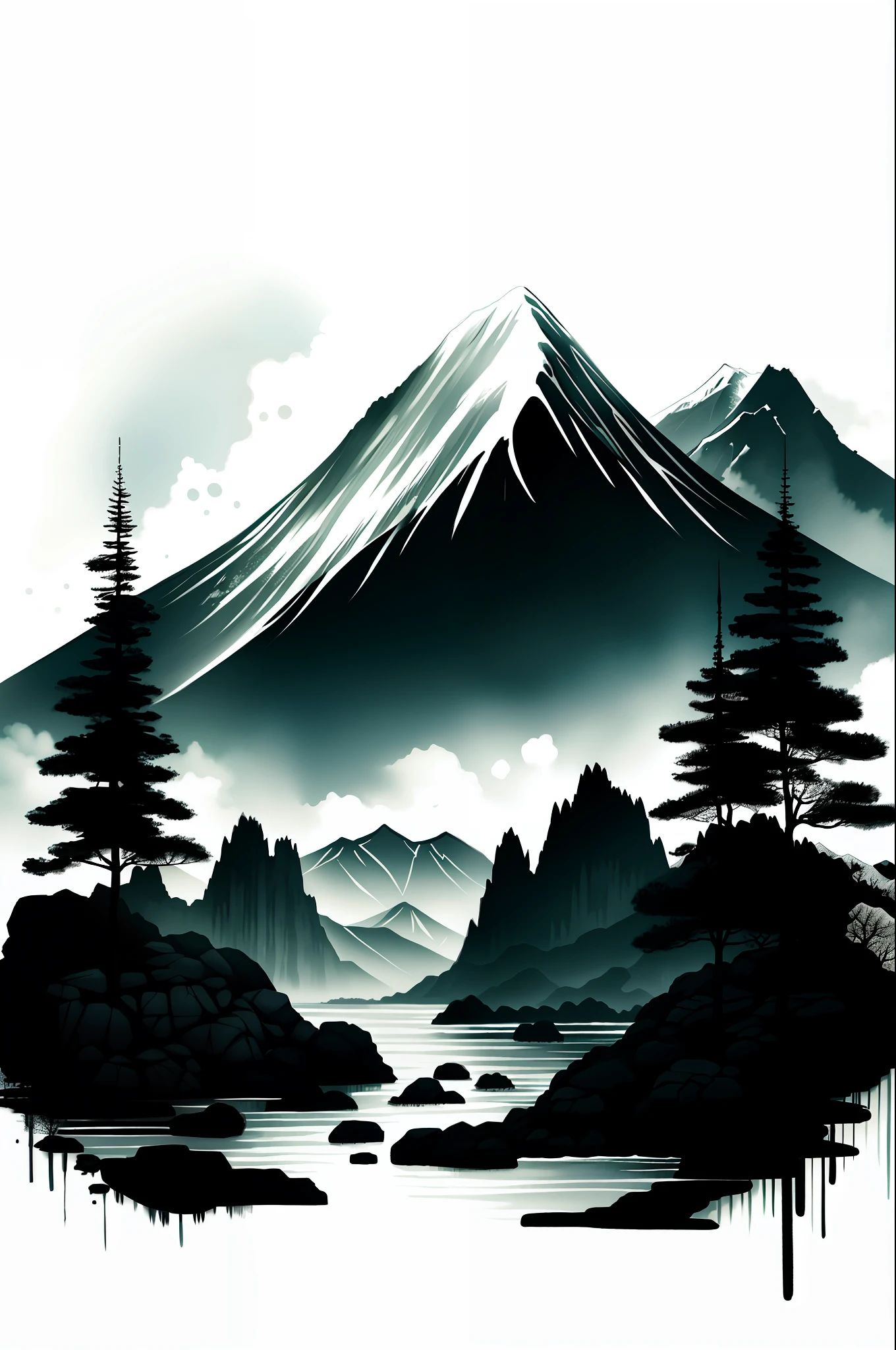 white background, scenery, ink, mountains, water, trees