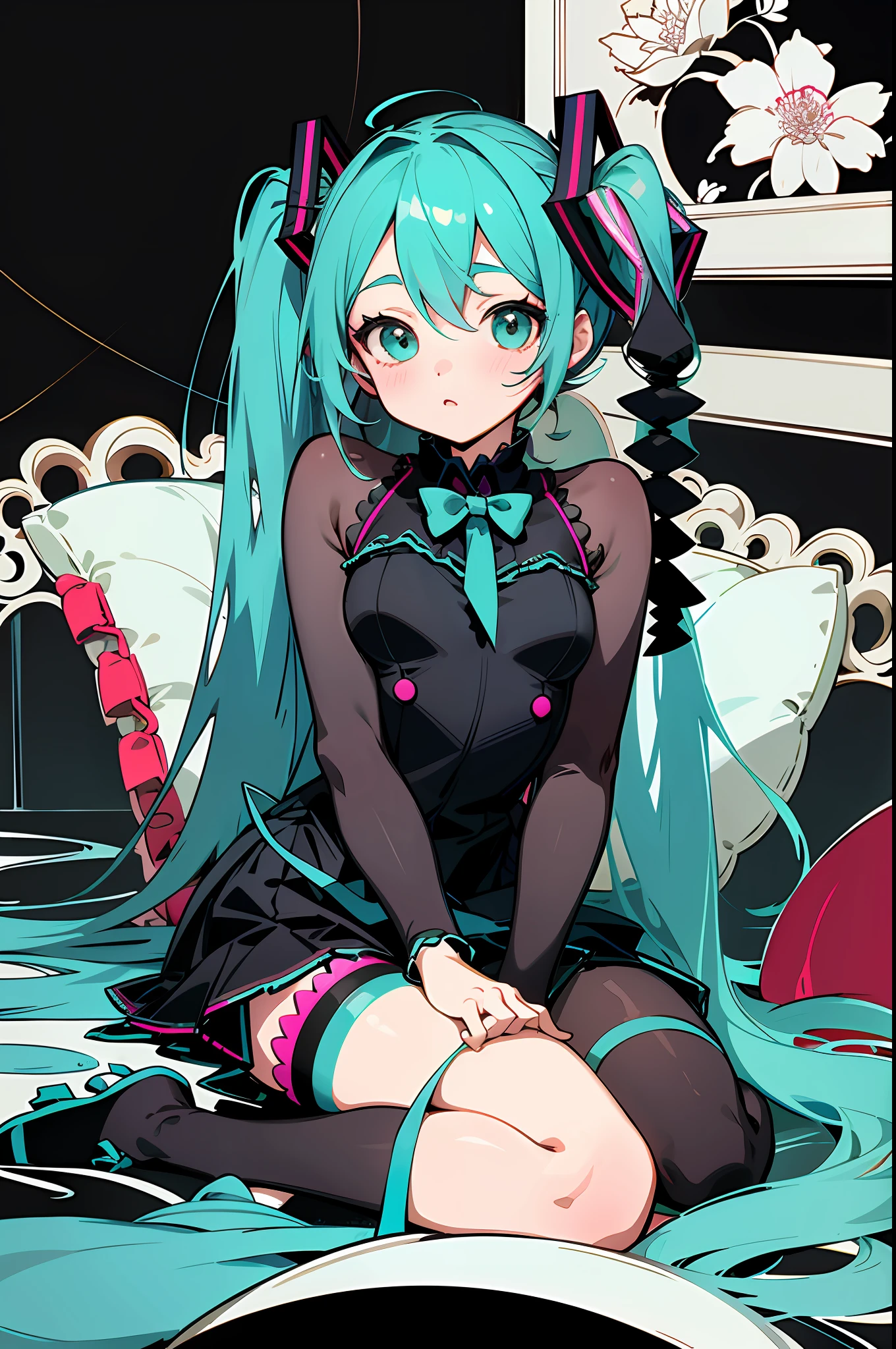 anime girl sitting on a bed with a pillow and a pillow, perfect lineart, thick black lineart, portrait of hatsune miku, hatsune miku portrait, loli in dress, extremely fine ink lineart, clean lineart, thick lineart, beautiful line art, hatsune miku, small curvy loli, line art!!, black and white manga style