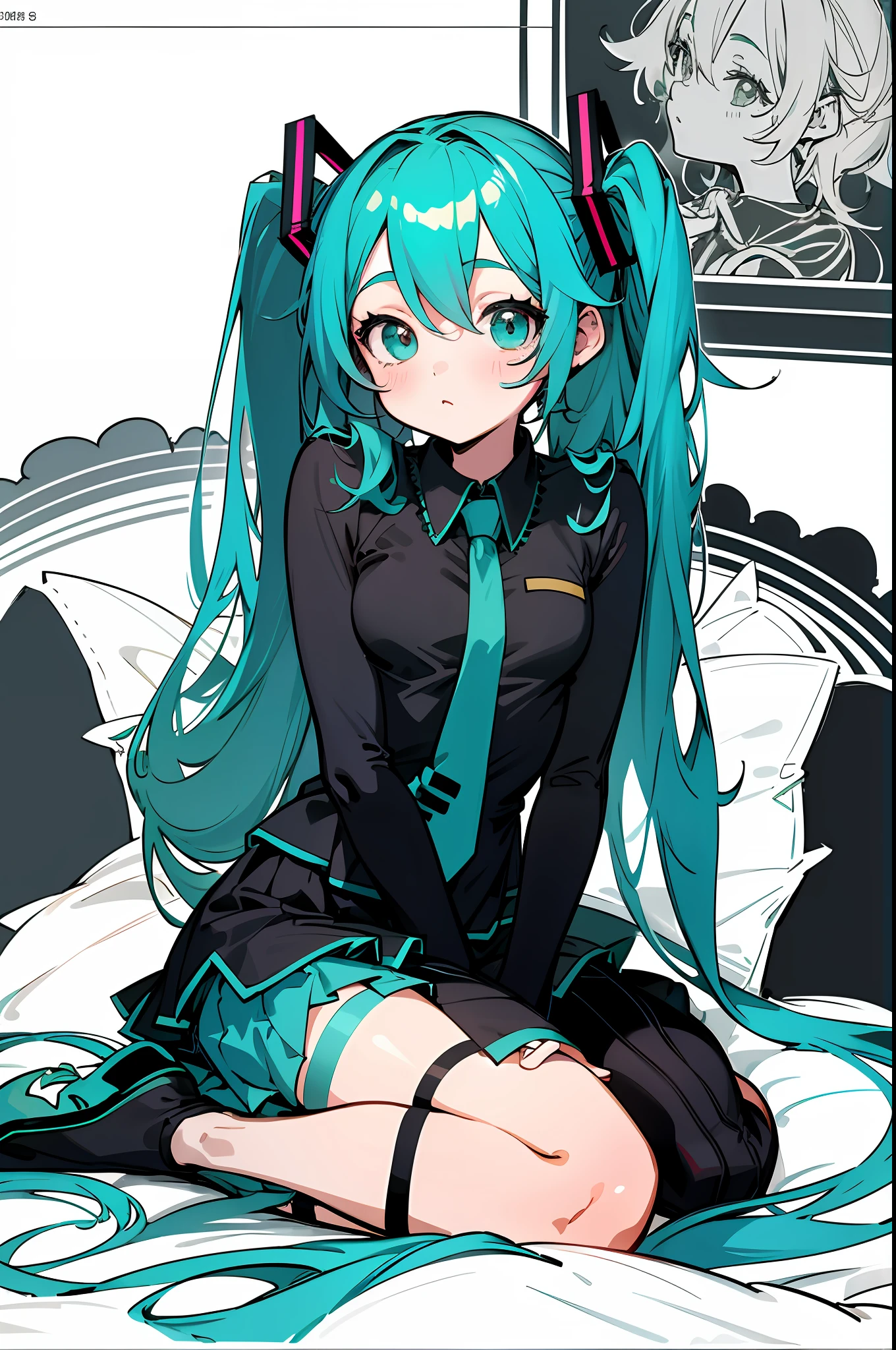 anime girl sitting on a bed with a pillow and a pillow, perfect lineart, thick black lineart, portrait of hatsune miku, hatsune miku portrait, loli in dress, extremely fine ink lineart, clean lineart, thick lineart, beautiful line art, hatsune miku, small curvy loli, line art!!, black and white manga style