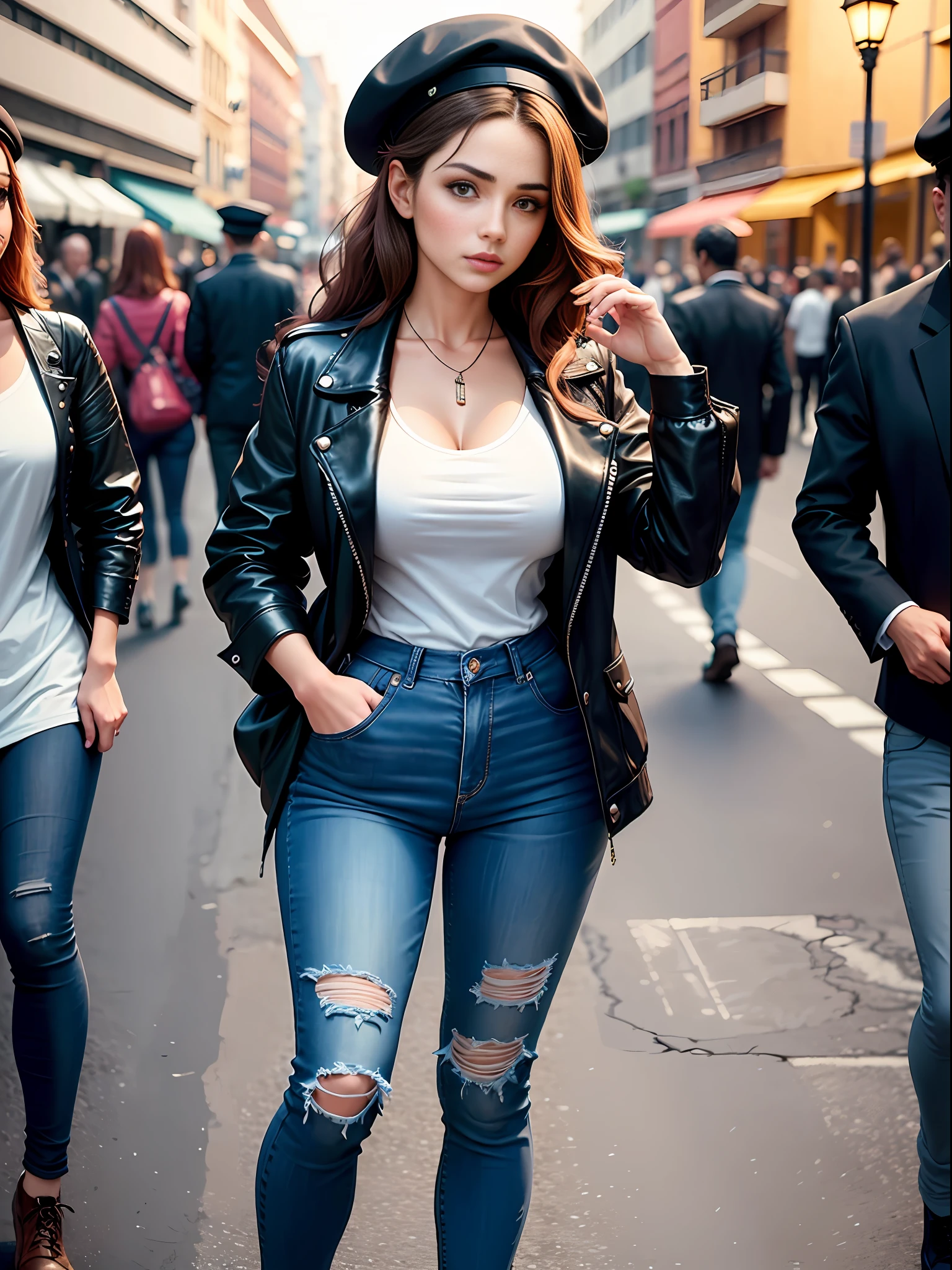 A Spanish woman with 2A textured hair and light brown eyes is standing next to a street lamp. She is wearing a black jacket that flatters her figure and has a large chest. Her black jeans are ripped in a stylish way, revealing a rebellious touch to her look. Complementing the look, she wears a beret that adds a touch of sophistication. The scene around is a busy street, with people rushing past, cars passing by and urban life pulsating. The Spanish woman looks confident and determined, ready to tackle whatever lies ahead. Now, it's up to you to imagine the story behind this intriguing and captivating scene. 8k ultra HD Vivid colors masterpiece ultra resolution