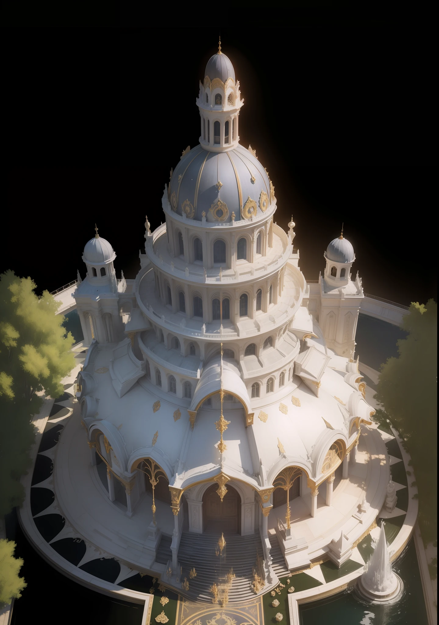 Hall, gorgeous, luxurious, palatial, best quality, mastery of peace), wide-angle lens, a magnificent hall, dripping Gothic opulence, decorated with glittering black jewelry, sinister elegance, (perfect composition, best exhibition, golden ratio), pastel colors, drama, trends in art stations, trends in CGSociety, symmetrical architecture, bright, soft light, bright, daytime, outdoor light, aerial view, high viewing angle, resplendence