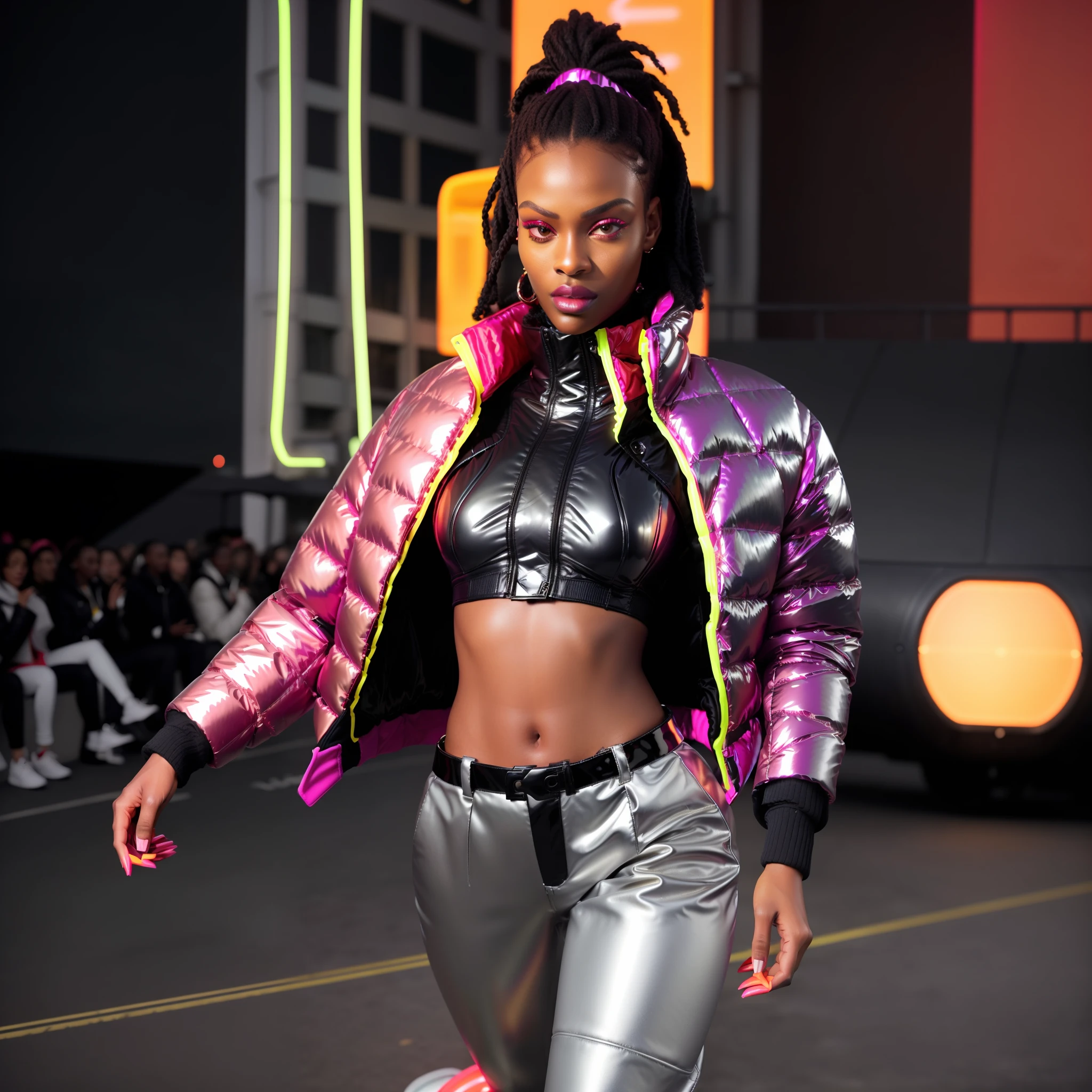 ((( an ultra realistic full-body woman parading))) with Sudanese African facial features Nyakim Gatwech style perfect, black stylish afro hair detailed in high definition, with nice expression, wearing oversized pants, (((Balenciaga puffer style jacket oversized:1.5 ultra definition red))) ((((vivid color red jacket, neon, metallic, reflective)))), parading on the runway, towards the camera, (bring fashion show environment,  parade background,ultra realistic) high fashion show, best quality, top quality, image masterpiece, high resolution photography, captured from parade angle.