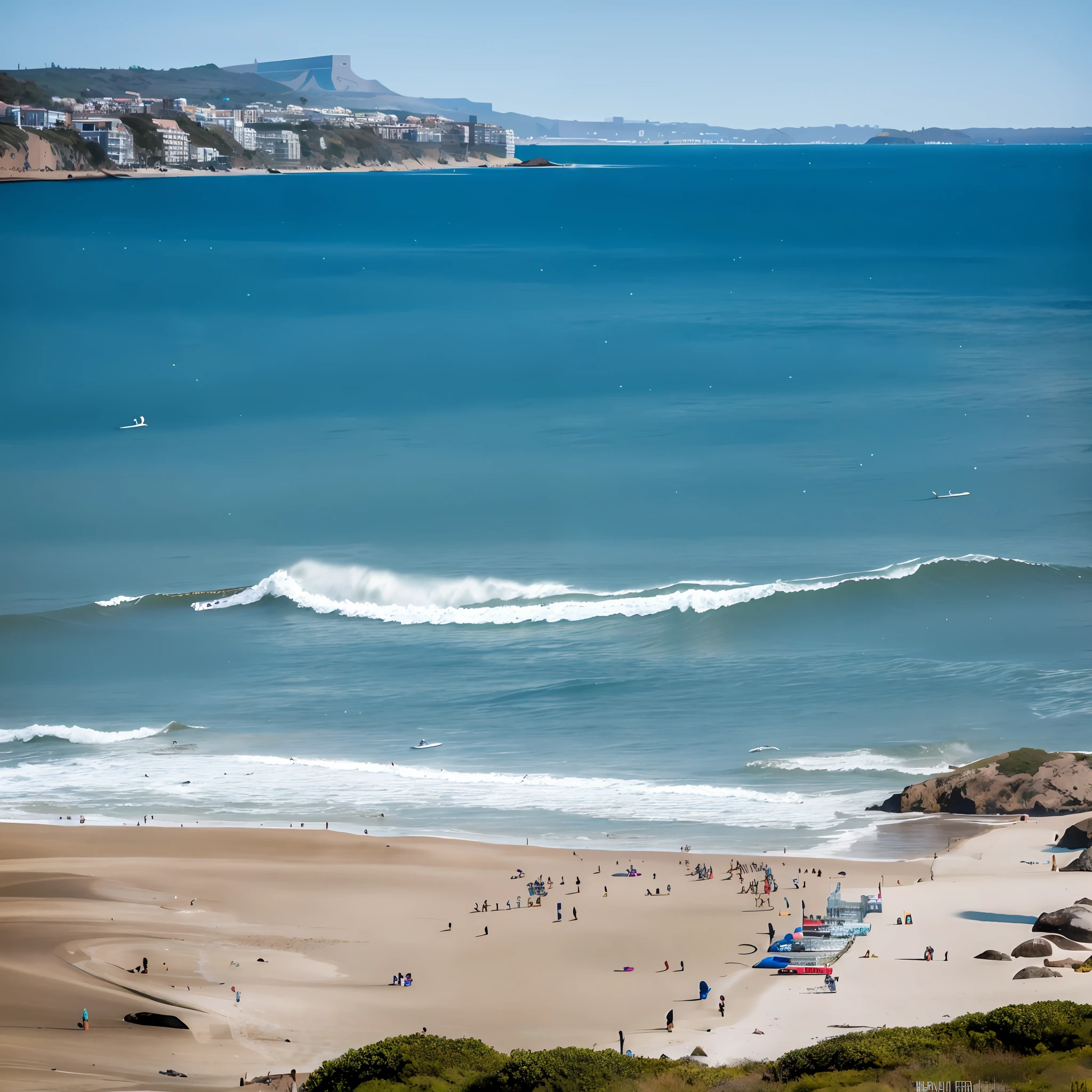 surfers are riding waves on a sandy beach near a pier, south african coast, whales showing from the waves, by Felipe Seade, crisp smooth lines, lê long, beach in the foreground, 1/100 sec, by Robert Brackman, surf, nazare (portugal), beach is between the two valleys, by Peter Churcher
