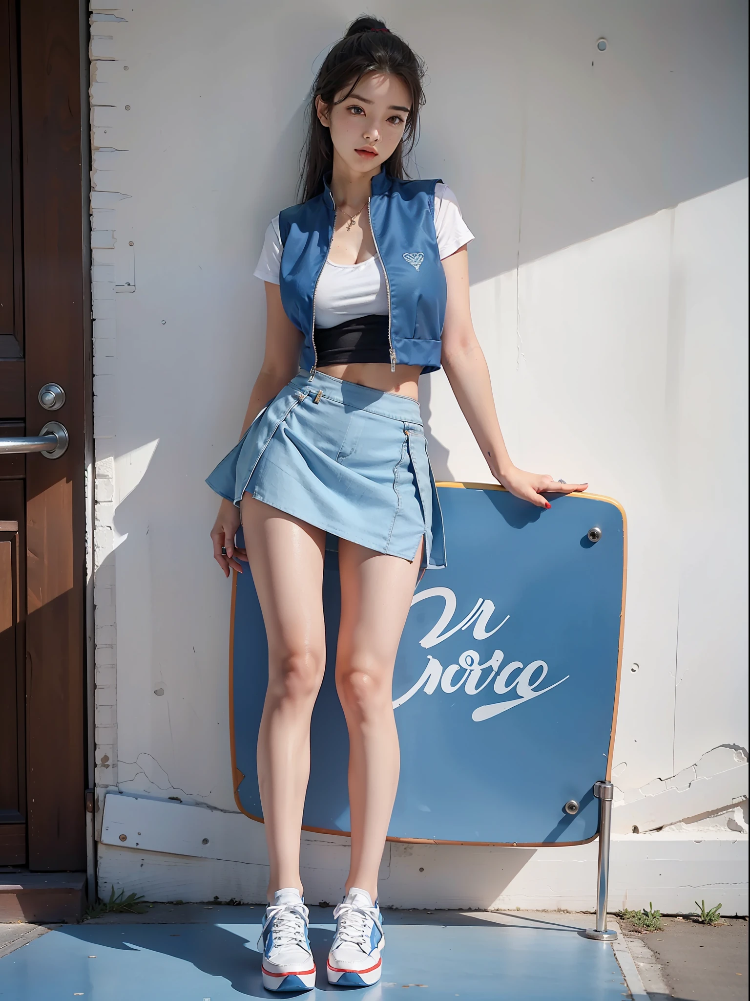 (Female: 1.2), (Big breasts: 1.2), (Mullet head scattered), (Ring finger diamond ring), (Blue vest), (Blue short skirt), (Red board shoes), (Summer cool clothes), (Long legs), Full body, Masterpiece, Realism