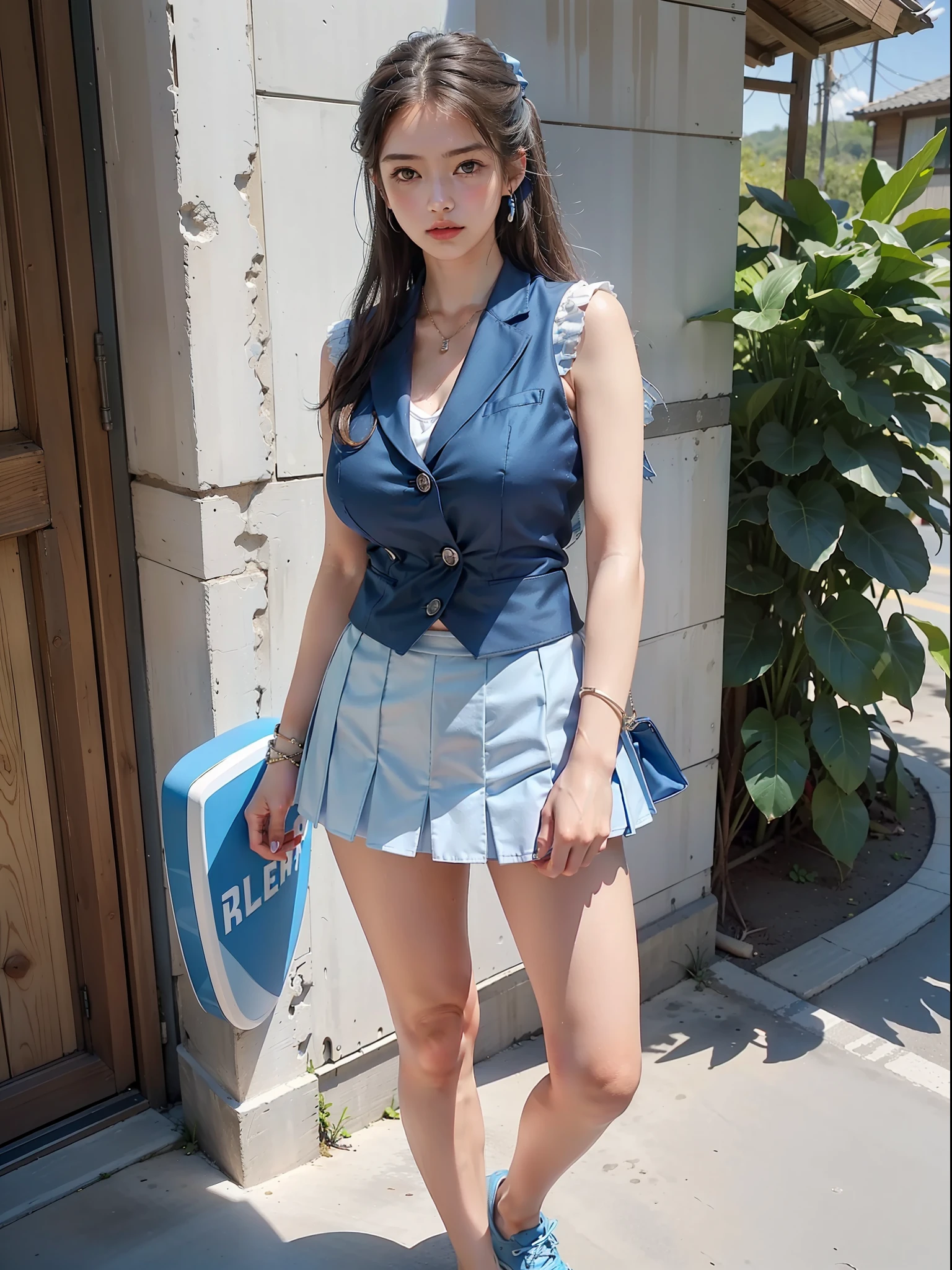 (Female: 1.2), (Big breasts: 1.2), (Mullet head scattered), (Ring finger diamond ring), (Blue vest), (Blue short skirt), (Red board shoes), (Summer cool clothes), (Long legs), Full body, Masterpiece, Realism