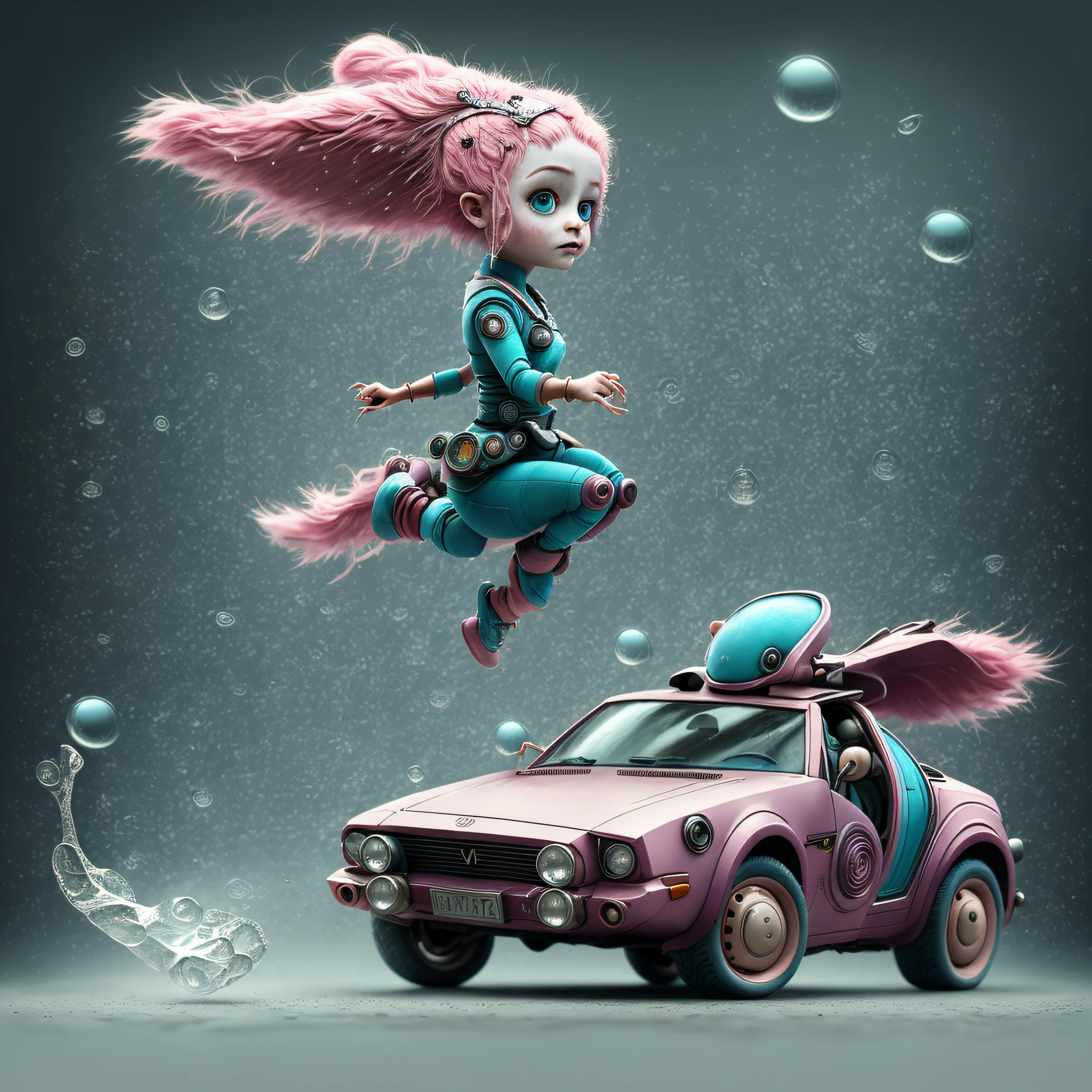 Digital art by Ray Caesar and Hannah Hch and Yohji Yamamoto, of a beautiful young woman in an action pose, pink hair, smile, centered in frame, wide shot, perky breasts, mask, pop surrealism, neo-dada, spectacular, spectacle, psychedelic, forced perspective, feminist art, empowering, masterpiece, private collection, curated collection, ((rose ivy)), behance, 3d render, cracked clay, gothic, bright colors, oversaturated, depth, spirals, fibonacci sequences, ((shells)), wings, muppet show, butterflies, flowers, gears, tunnels, surreal environment, fractals geometry, game assets, city scene, modern makeup, long eyelashes, ((rain drops)), chiffon dress, bracelets, punk rock, ((subversive art)), dirty, grime, dingey, mid cut jeans, specular highlights, reflections, ambient occlusion render, detailed, Marching squares, ((iso lines)), armature, detailed, elaborate, complex, desert, mountains, carriages, tiny robots, peanuts, cans, cars, stormy sky, moonlight, cats, dogs, muppets, (cloudport:0.5)