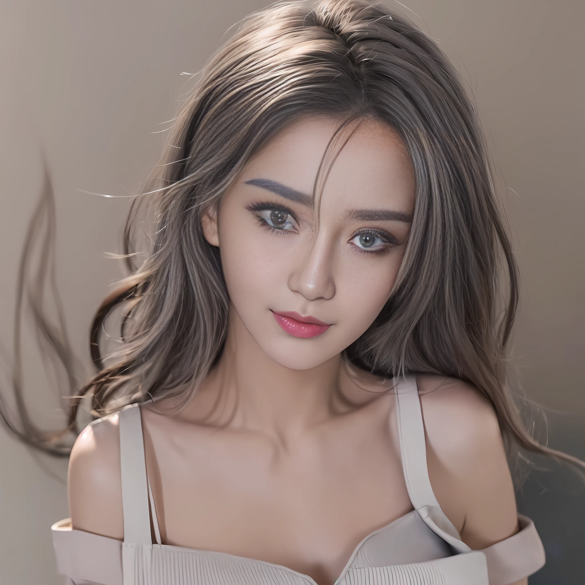 realistic, high resolution, 1 girl, gray hair, korean, heterochromia, small moles under the eyes, v-neck shirt, medium chest, lively,