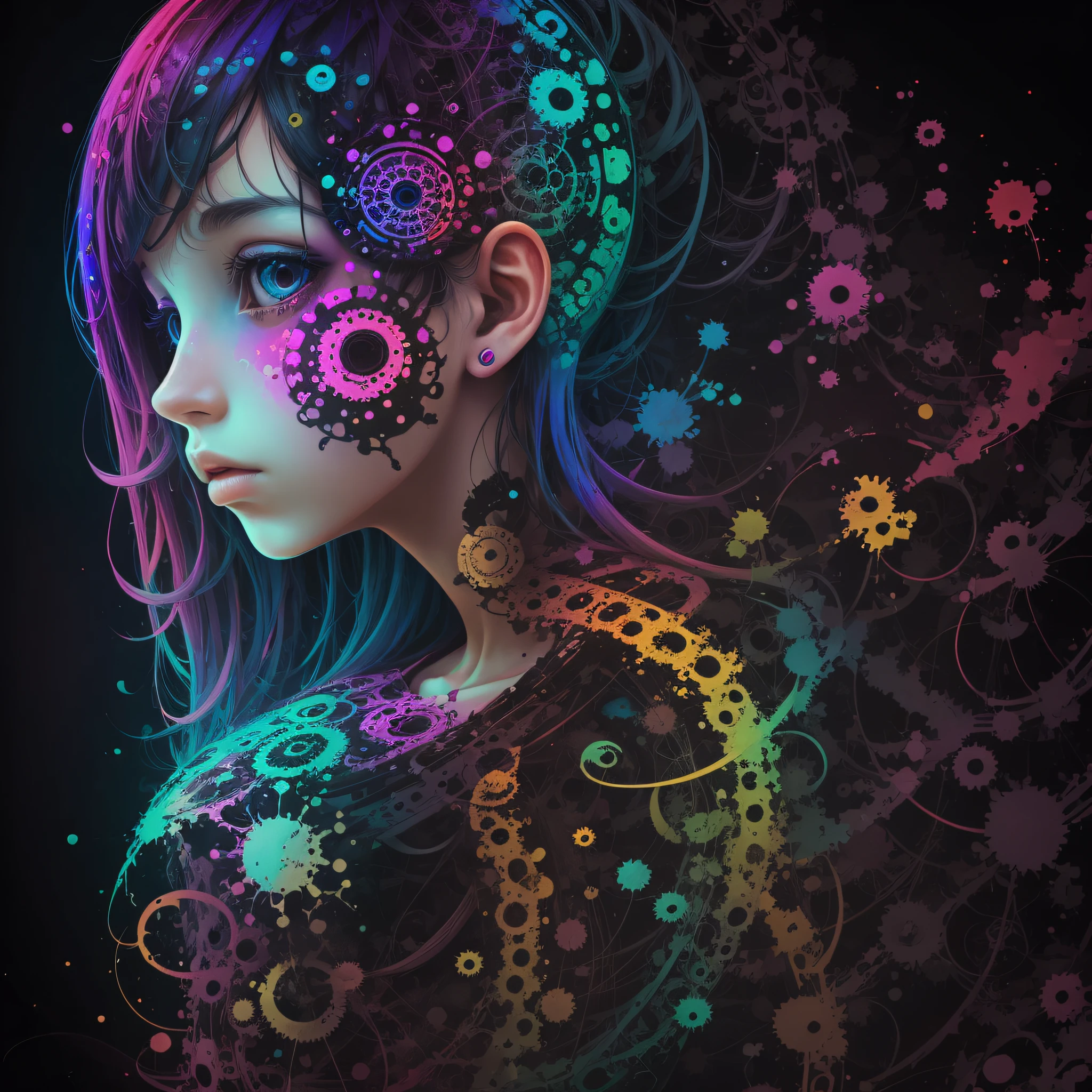 orp of woman over 26 years of age looking back, saturated colors, psychedelic image, LSD, painted body, --auto --s2