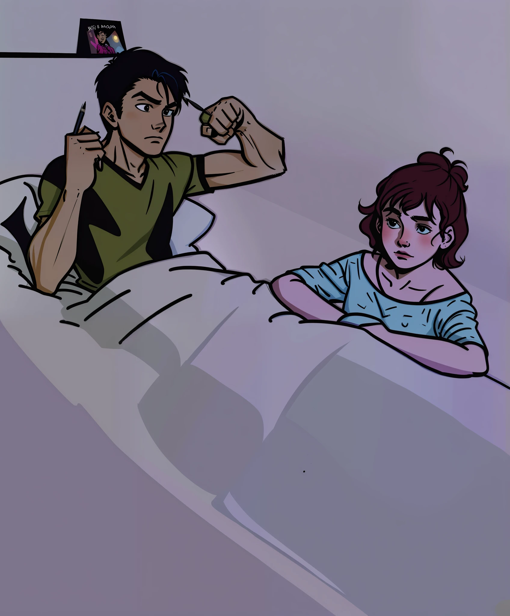 Art of a boy and a girl in a bed, girl next to bed, bedroom setting, dark room colored comic panel panel, color comic book scanning, pencil and comic book ink, pencil and ink, inner comic book page, 8K, high quality,