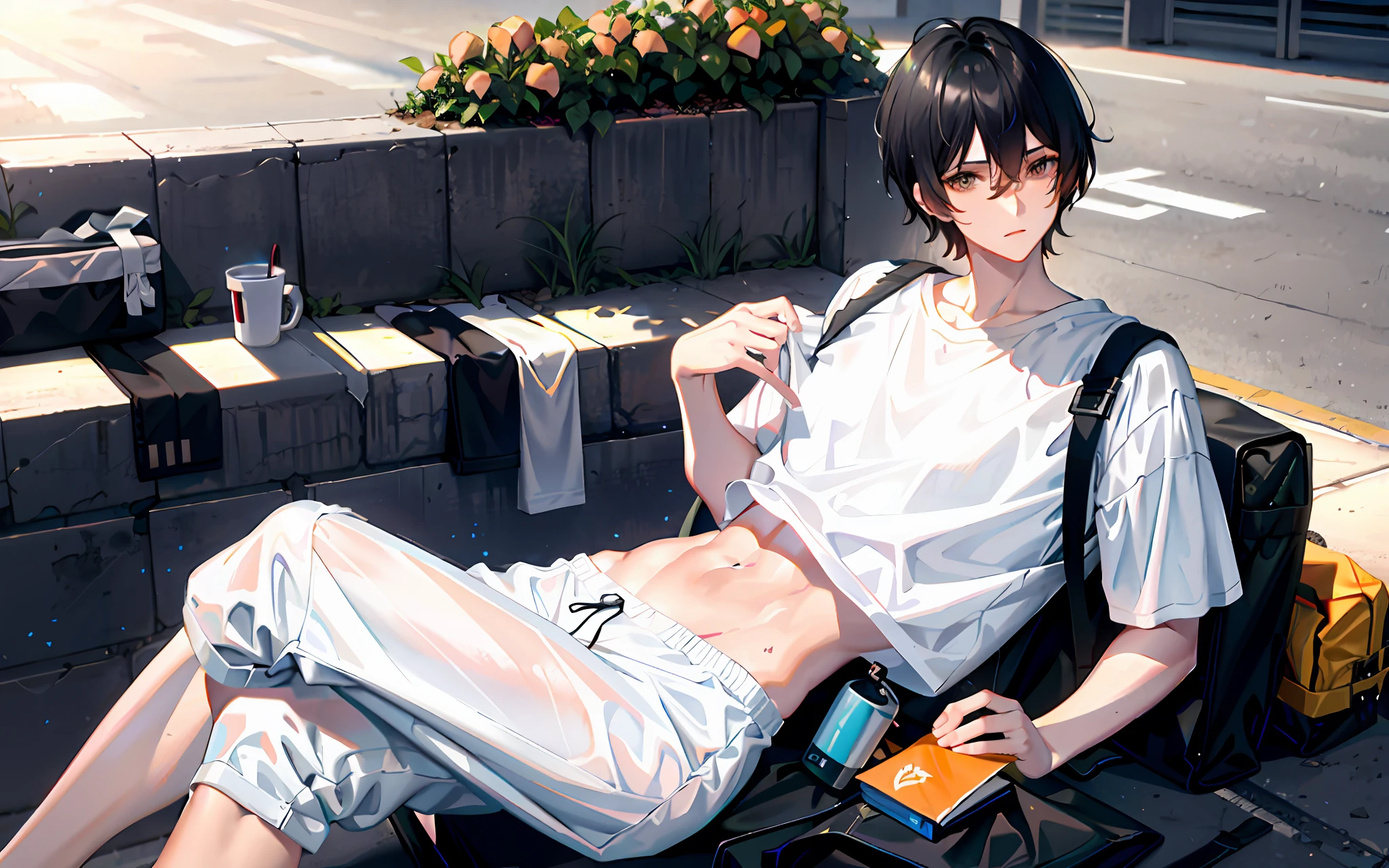 Black short hair boy, white skin, apricot eyes, white T-shirt, sweatpants, youth, sunshine, waist pack, high school student,