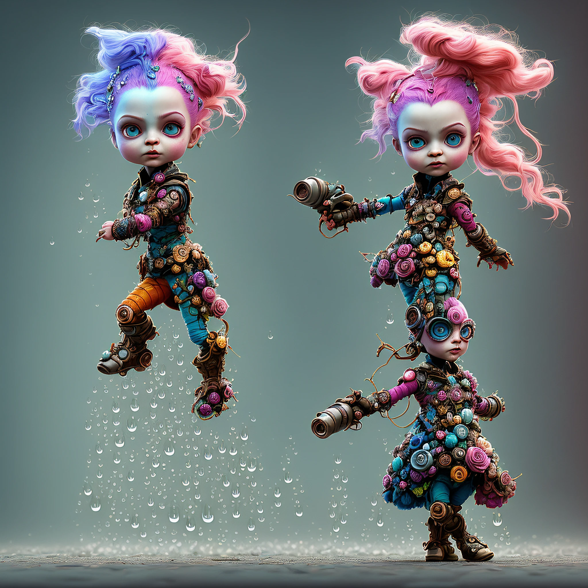 Digital art by Ray Caesar and Hannah Hch and Yohji Yamamoto, of a beautiful young woman in an action pose, pink hair, smile, centered in frame, wide shot, perky breasts, mask, pop surrealism, neo-dada, spectacular, spectacle, psychedelic, forced perspective, feminist art, empowering, masterpiece, private collection, curated collection, ((rose ivy)), behance, 3d render, cracked clay, gothic, bright colors, oversaturated, depth, spirals, fibonacci sequences, ((shells)), wings, muppet show, butterflies, flowers, gears, tunnels, surreal environment, fractals geometry, game assets, city scene, modern makeup, long eyelashes, ((rain drops)), chiffon dress, bracelets, punk rock, ((subversive art)), dirty, grime, dingey, mid cut jeans, specular highlights, reflections, ambient occlusion render, detailed, Marching squares, ((iso lines)), armature, detailed, elaborate, complex, desert, mountains, carriages, tiny robots, peanuts, cans, cars, stormy sky, moonlight, cats, dogs, muppets, (cloudport:0.5)