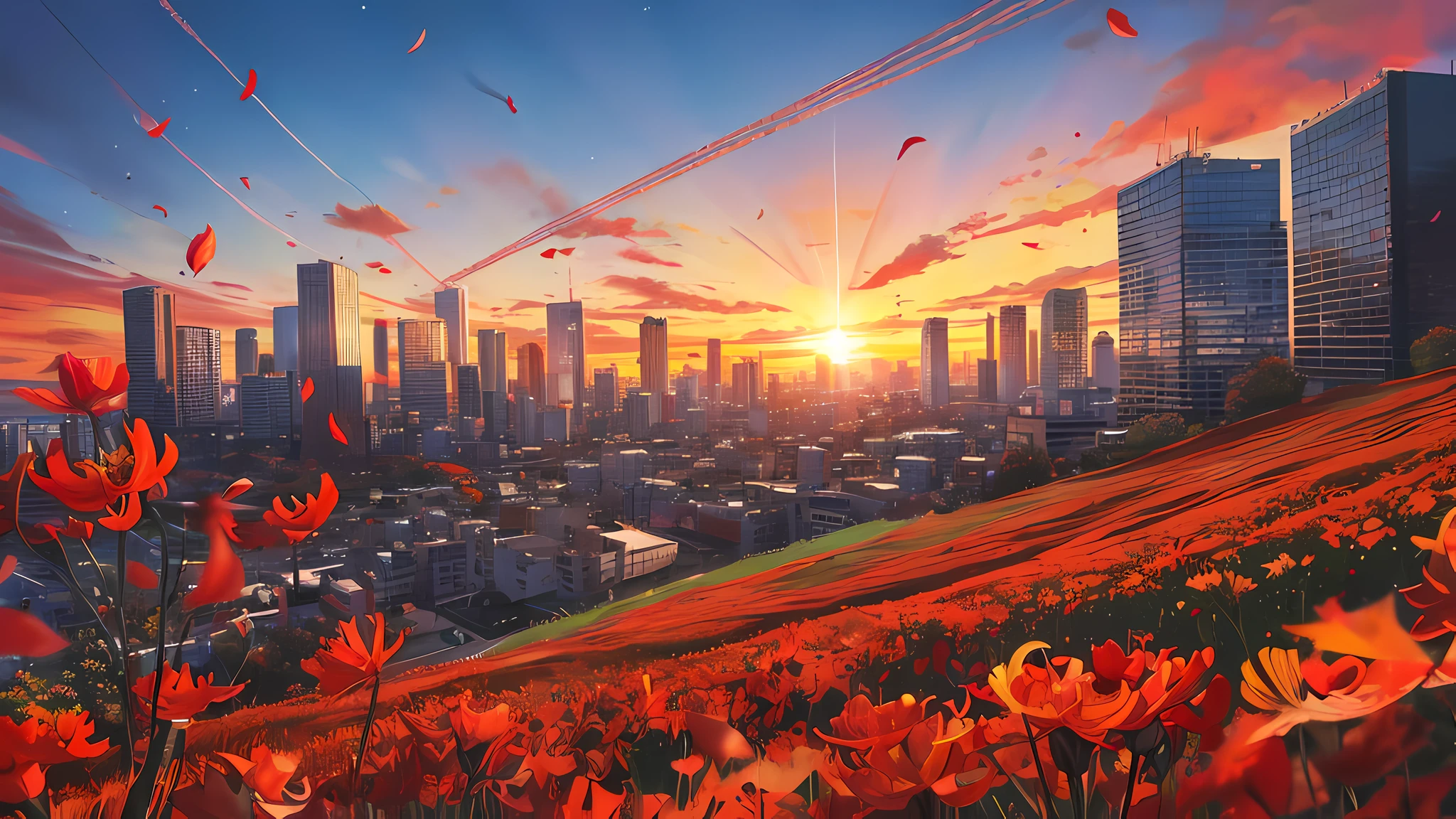 Scenery , City , Lycoris Radiata Flower , Sky , Sun , Floating Leaves , Breeze , Day , shooting stars in the sky , Fall Season