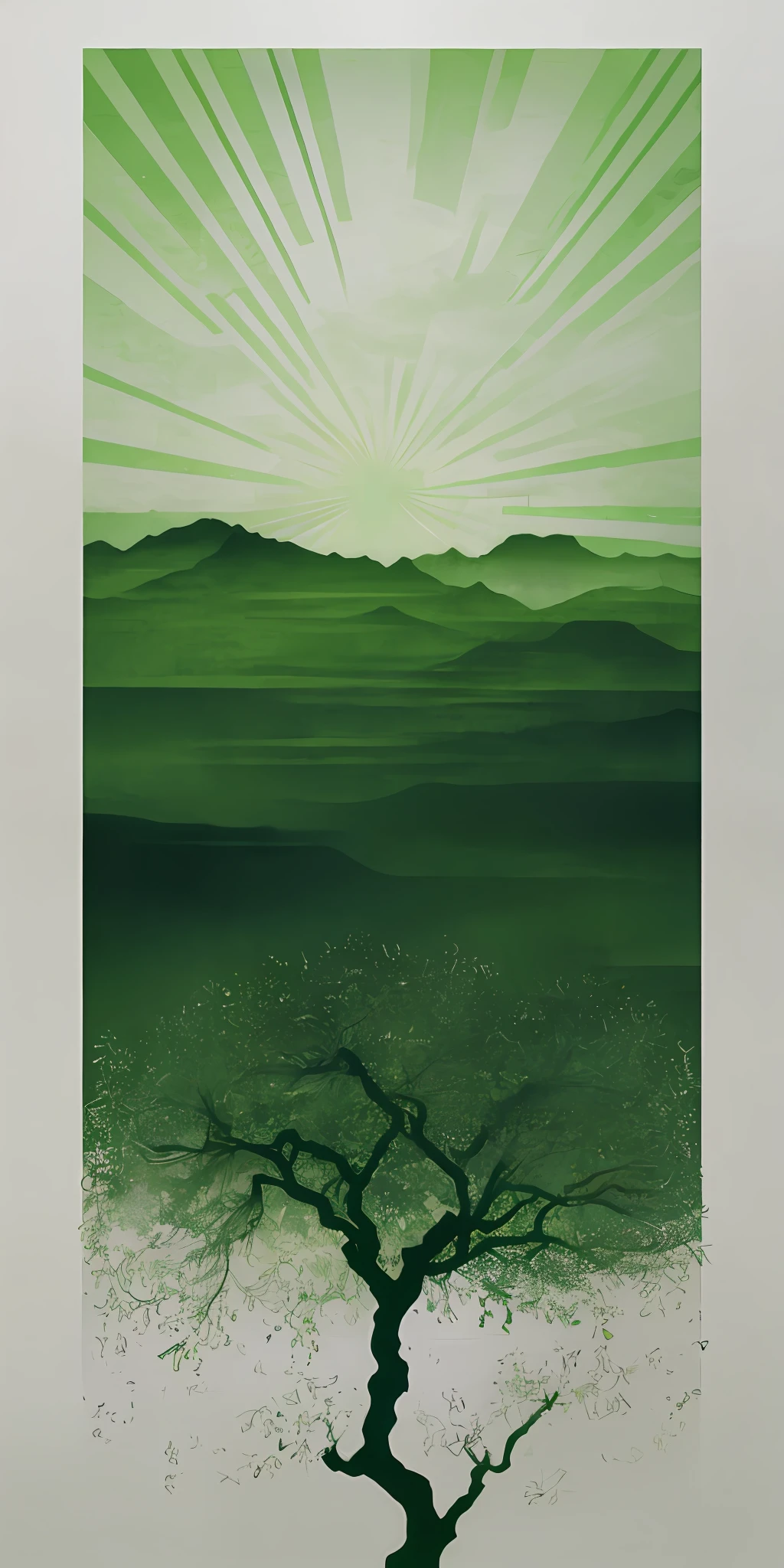 New Chinese style sunset and green lines, monochrome artwork style, Felicia Simion, digital art technology white and green, tumbling shimmer and gray - Q2---S750--V 5.
