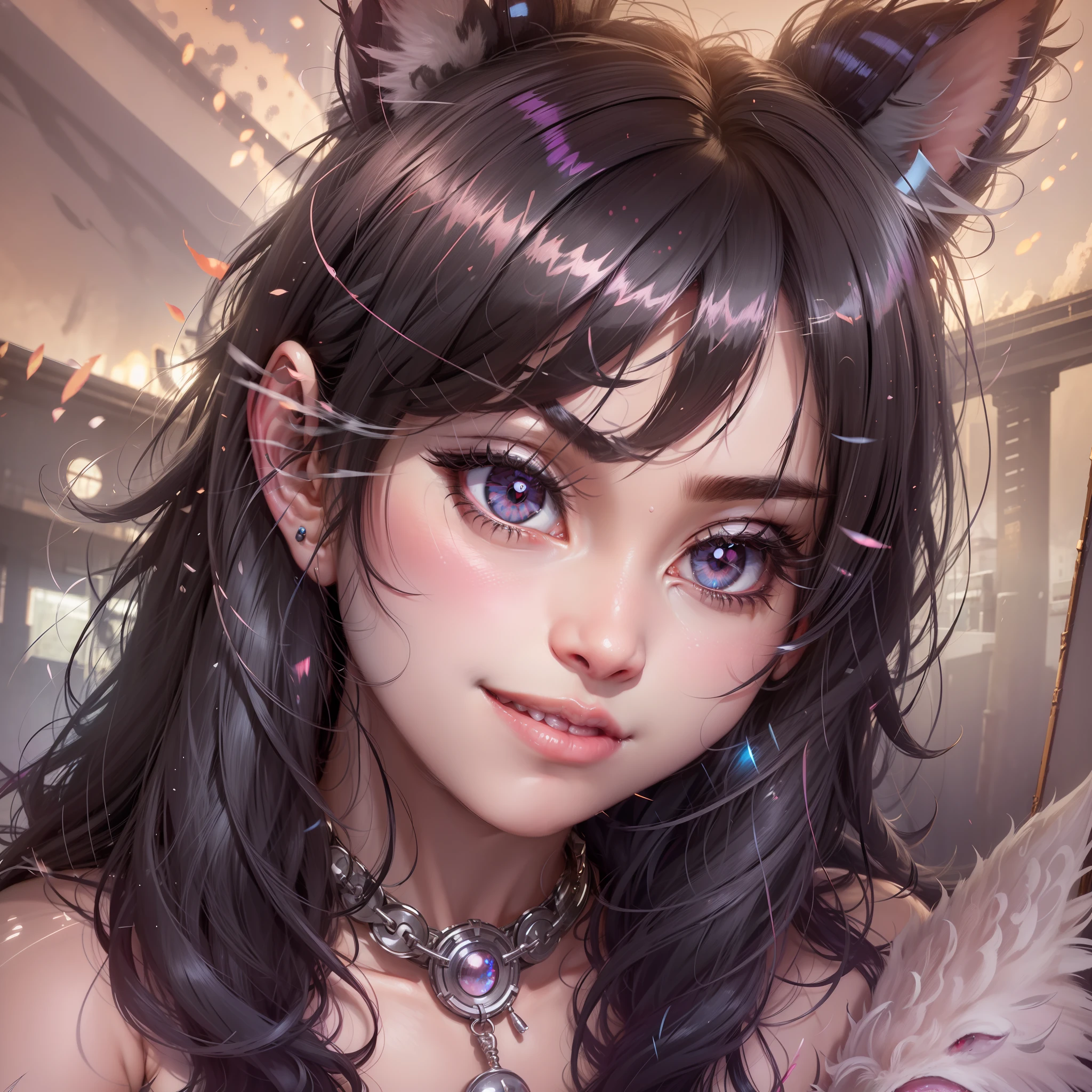 black hair, hair bobbles, wince, longeyelashes, solid circle eyes, fake animal ears, light smile, ear blush, fang, nsfw, Surrealism, drop shadow, anaglyph, stereogram, tachi-e, pov, atmospheric perspective, 8k, super detail, ccurate, best quality