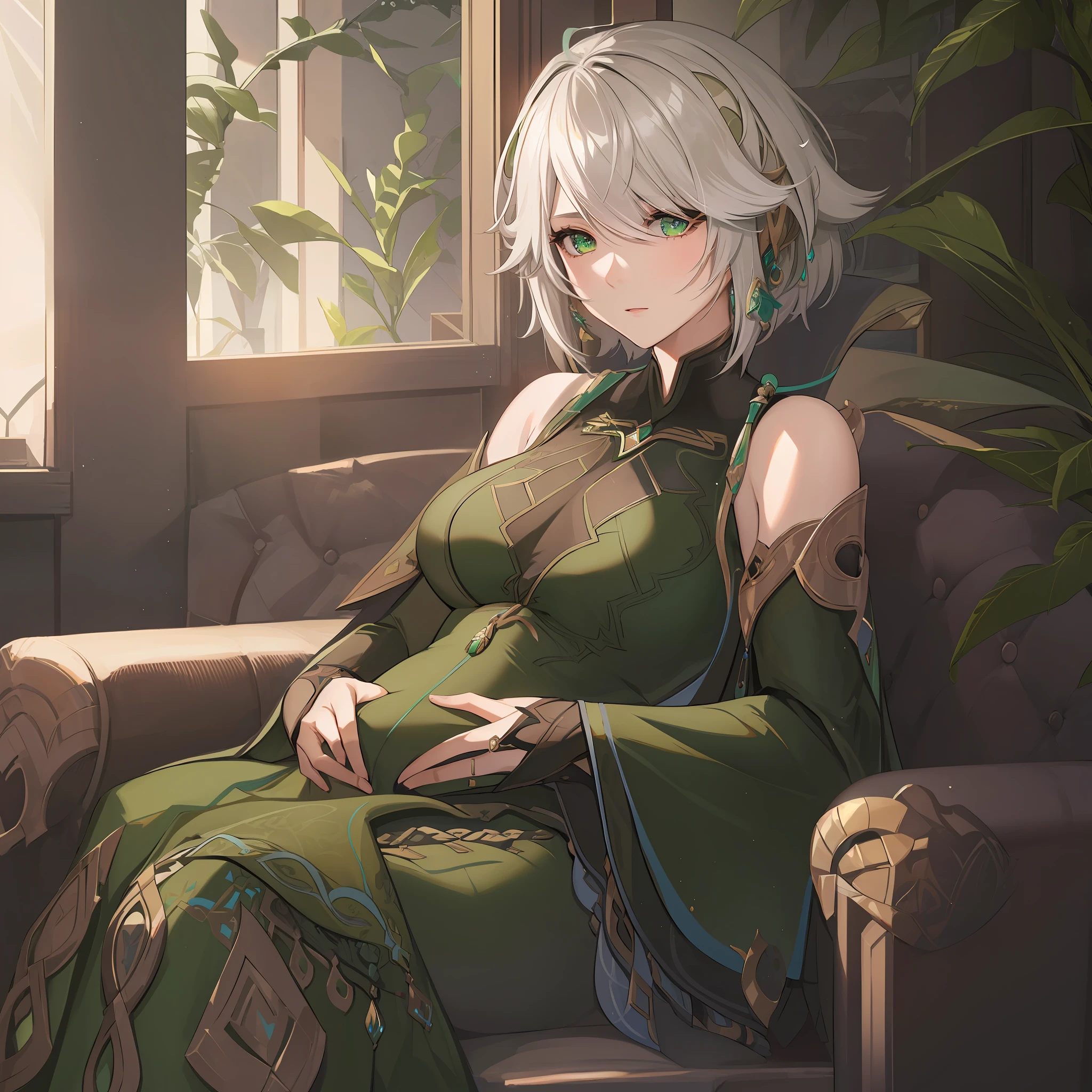 1girl, solo, (alhaitham, genshin impact), detailed face, high quality, wearing green dress, sitting in a sofa, indoor, leaving room, well detailed background, pregnant, loose gown, detailed face, detailed eyes, mature woman, grey hair, short hair, long loose simple dress, alhaitham lora