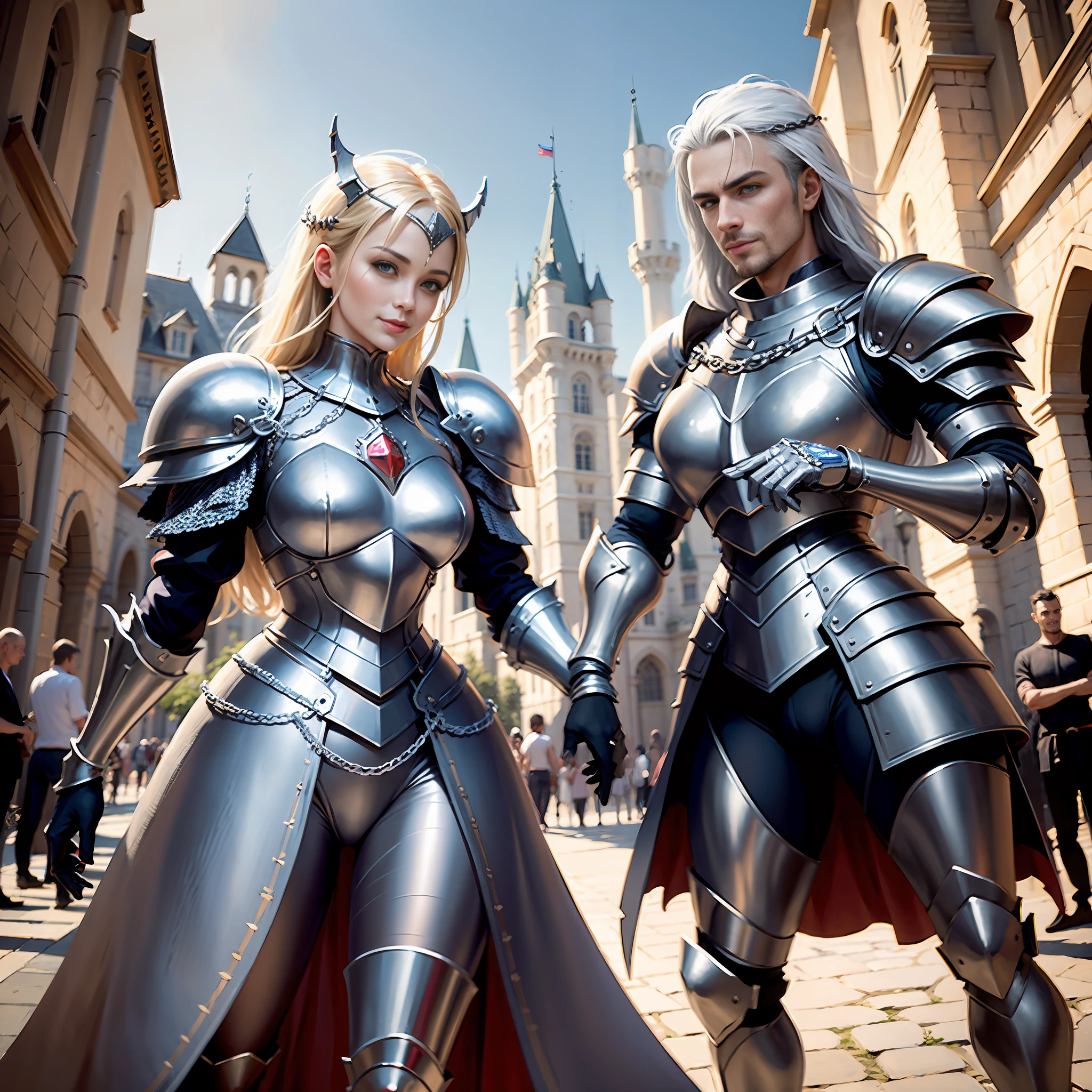 (((Medium shot))), couple, (a man and a woman), two individuals, outside the castle, jousting, playful, playful, sweet, happy, smile, armor, chain mail, armor, happy, pretty eyes, playful, surrealism, pov, romanticism, cinematic lighting, 8K, UHD, masterpiece, ccurate, anatomically correct, textured skin, high detail, high quality, high resolution, award-winning, best quality, 16K, bad body, bad hands, bad legs.