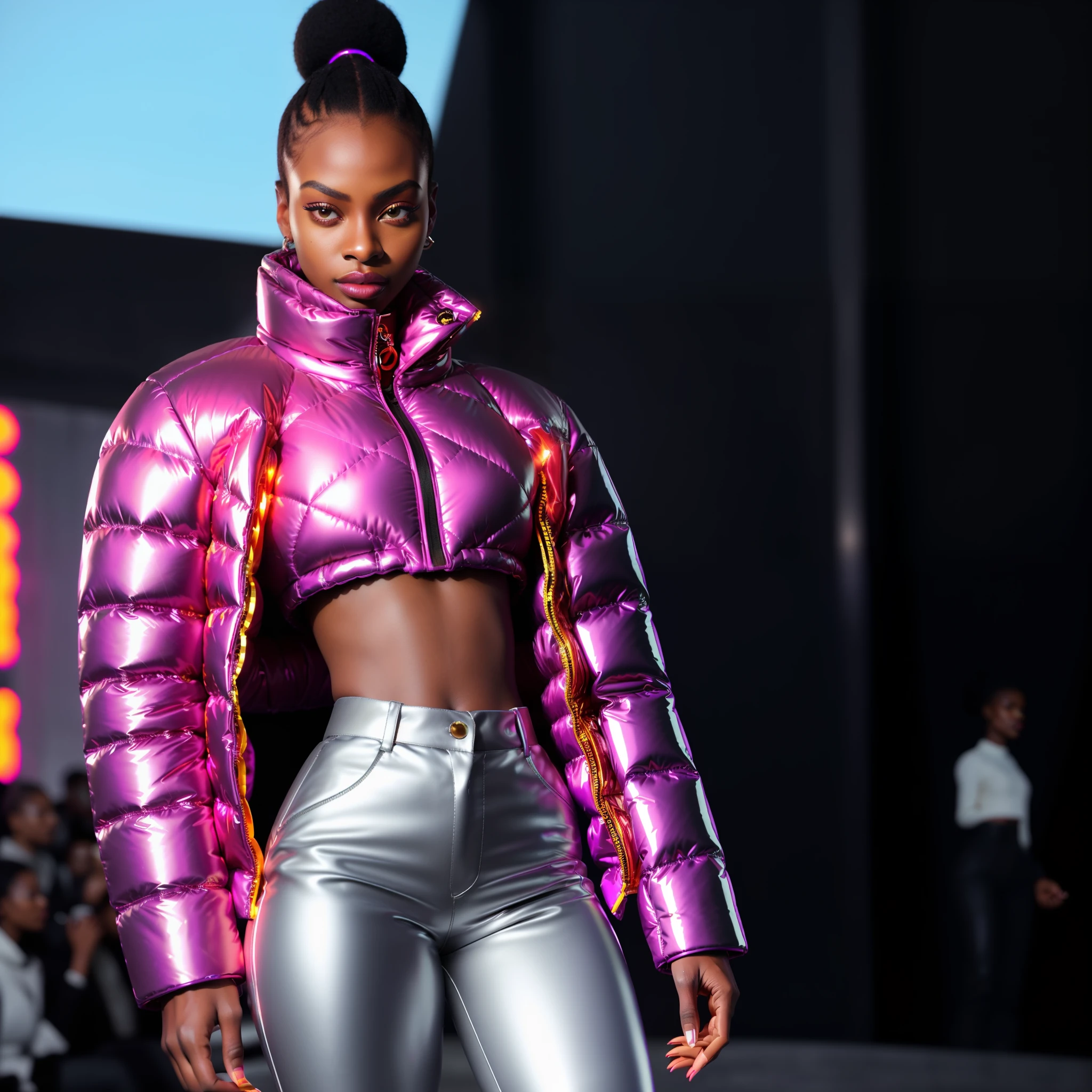 ((( an ultra realistic full-body woman parading))) ((black skin)) with Sudanese African facial features perfect Nyakim Gatwech style, stylish afro hair detailed in ultra detailed, perfect decorated nails, with nice expression, wearing oversized pants, (((Balenciaga puffer style jacket oversized:1.5 ultra definition red))) (((vivid color red jacket, neon, metallic, reflective))), parading on catwalk, towards the camera, (bring fashion show environment, parade background,ultra realistic) high fashion show, best quality, top quality, image masterpiece, high resolution photography, captured from parade angle.