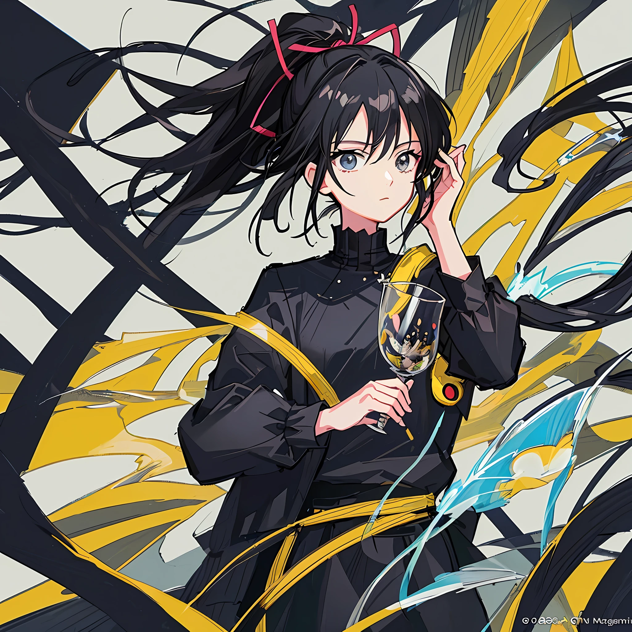 (Masterpiece), (Best Quality), (Super Detail),(Illustration), 1 Woman, Black Hair, Ponytail Hair, Black Clothing, by Yoshihiro Togashi, Manipulating blackShadows.