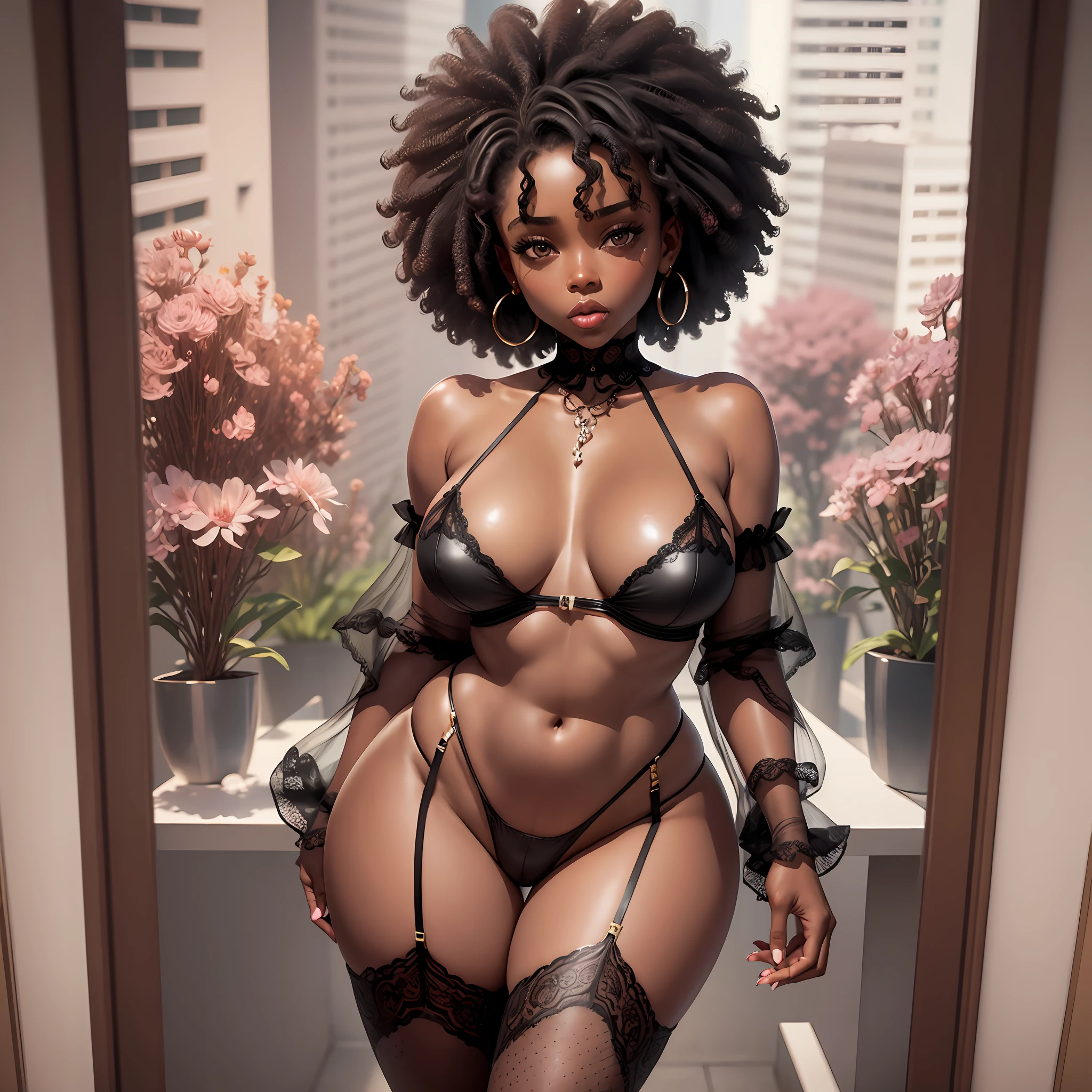 black, beautiful, afro hair, big eyes, brown, fleshy lips, pink lips, big breasts, transparent lingerie, white lingerie, gooey thighs, standing, sexy, sensual look, whole body, high heels, full body, detailed, thin waist, white background, head to toe