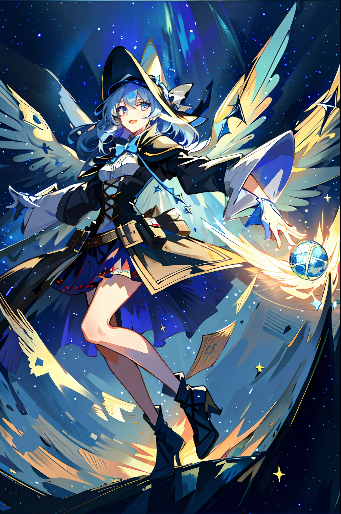 ((masterpiece:1.2, best quality)), 1girl, solo, (witch hat), blonde, long hair, skirt, aurora, night, stars (sky), gloves, sky, white dress, night sky, mouth open, starry sky, blue eyes, ribbon, long hair, red skirt, smile, headband, cape, Blue Hair, (Bird), Magic, Spell Casting, Clouds, Night, (Impressionist: 1.4), (Tarot: 1.3), Al François Mucha,