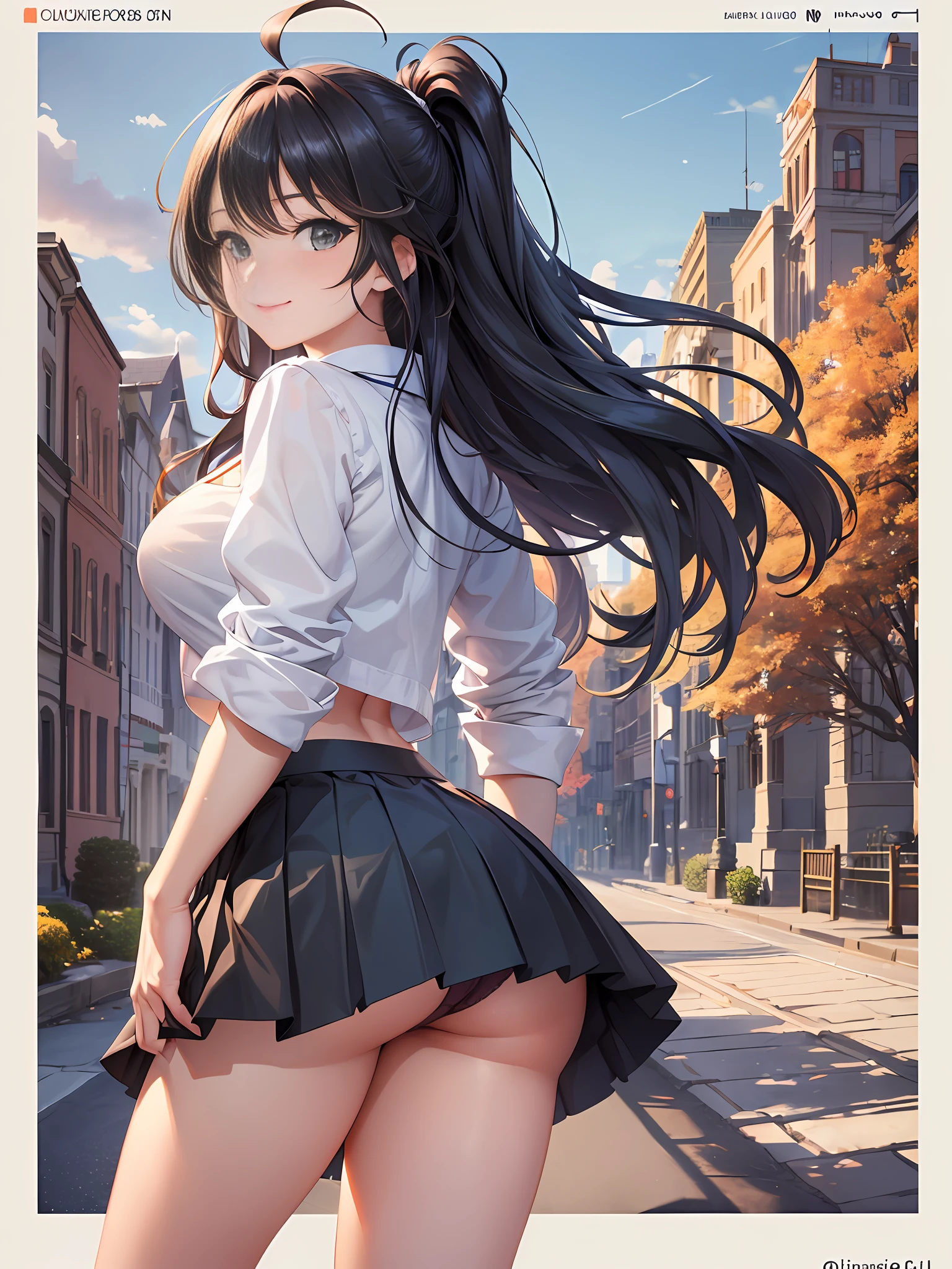 Masterpiece, Best Quality, Official Art, (Highly Detailed CG Unity 8k wallpaper), Detailed background, (Hands by Guido Daniele: 1.1), Feet out of frame, First Person View, 1, Attractive and Perfect Beautiful Woman, Schoolgirl, JK, Schoolgirl Uniform, Autumn, Autumn Leaves, Wind Blowing, (((Show buttocks, buttocks sticking out, flipping skirt, panties visible, gaze from oblique down))), optimal ratio of four fingers to one thumb, (curvaceous), (white thighs: 1.12), (blue long hair: 1.12), (ahoge: 1.13), (high ponytail: 1.12), (green eyes: 1.13), looking at the beholder, big, (cleavage), beautiful face, (blush: 1.11), (smile: 1.11)