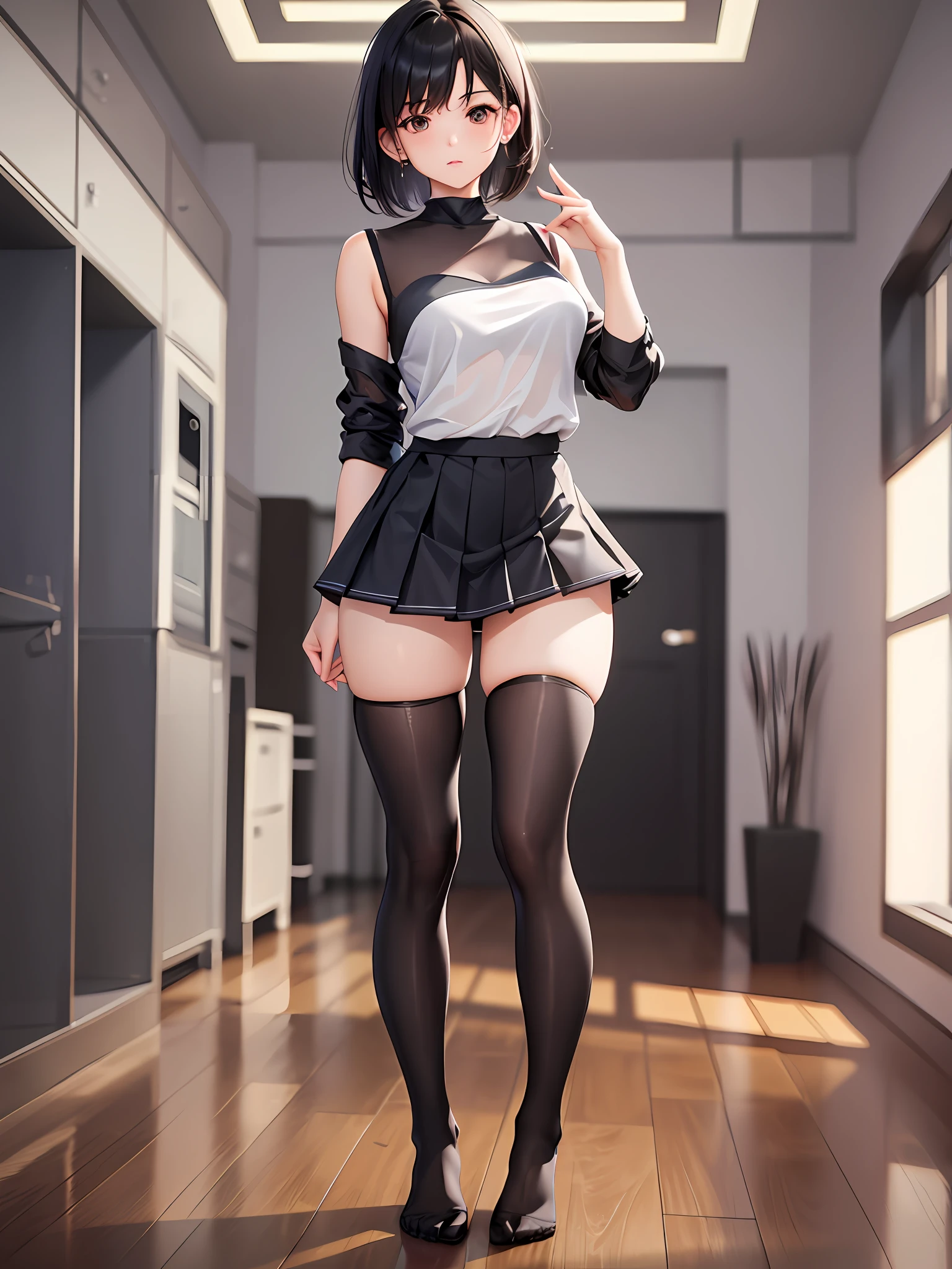 Masterpiece, Quality, High Resolution, Ray Tracing, Calm Room, Girl 1, Black Hair, Short Hair, Tousled Hair, 19 Years Old, 168 cm, Middle of Chest, Thoracic Groove, Full Body, Slender, Thin Waist, Thighs, Calves, Beautiful Legs, Five Fingers, Beautiful Arms, Beautiful Eyes, Well-groomed Face, Cute, Indoors, Mini Skirt, Tight Clothing, See-through, Black Tights, Depiction of Movement, Pleated Skirt No shoes, cute clothes,