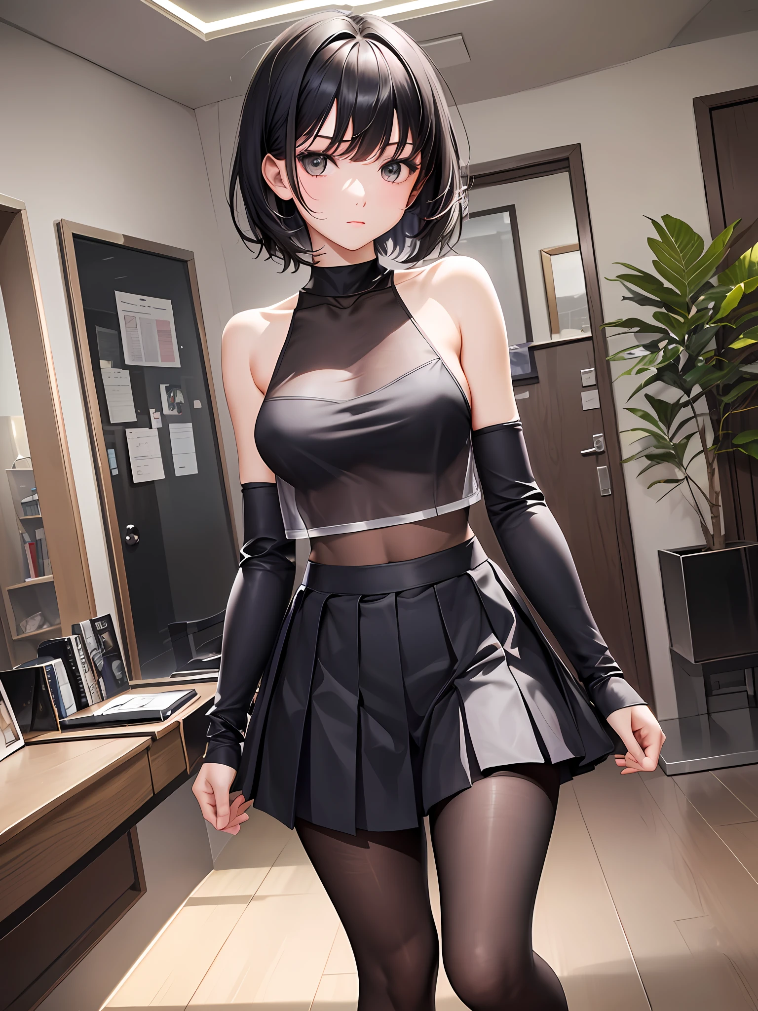 Masterpiece, Quality, High Resolution, Ray Tracing, Calm Room, Girl 1, Black Hair, Short Hair, Tousled Hair, 19 Years Old, 168 cm, Middle of Chest, Thoracic Groove, Full Body, Slender, Thin Waist, Thighs, Calves, Beautiful Legs, Five Fingers, Beautiful Arms, Beautiful Eyes, Well-groomed Face, Cute, Indoors, Mini Skirt, Tight Clothing, See-through, Black Tights, Depiction of Movement, Pleated Skirt No shoes, cute clothes,