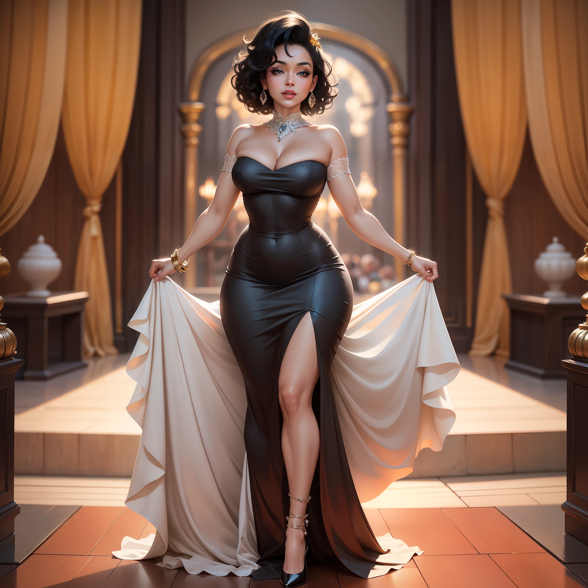 In the image, a dark-skinned, exuberant woman stands out, evoking the iconic presence of Marilyn Monroe. Her whole body is in focus, capturing the graceful curvature of her shapes.

The woman possesses a mesmerizing beauty, with delicate and expressive features. His face is a reflection of timeless elegance, with bright eyes that radiate confidence and a radiant smile that illuminates the image. Her full lips are painted a vibrant red, adding a touch of boldness and sophistication.

Her black hair, luxurious, wavy, falls gracefully down her shoulders and flows gently around her face, framing it with a touch of glamour.

The woman is dressed in an elegant classic-style dress with a generous neckline that enhances her femininity. The dress embraces her curves gracefully, accentuating her sculptural figure.

The woman's posture is confident and powerful, conveying a magnetic presence. His arms are slightly raised, as if in a moment of dancing or in a gesture of charm. The pose reveals his self-confidence and irresistible charm.

In the background of the image, one can perceive a luxurious setting, such as a gala environment or an illuminated stage. The atmosphere exudes an air of glamour and sophistication, while the dark-skinned woman embodies elegance and timeless beauty, reinterpreting Marilyn Monroe's iconic aura in a unique and inspiring way.