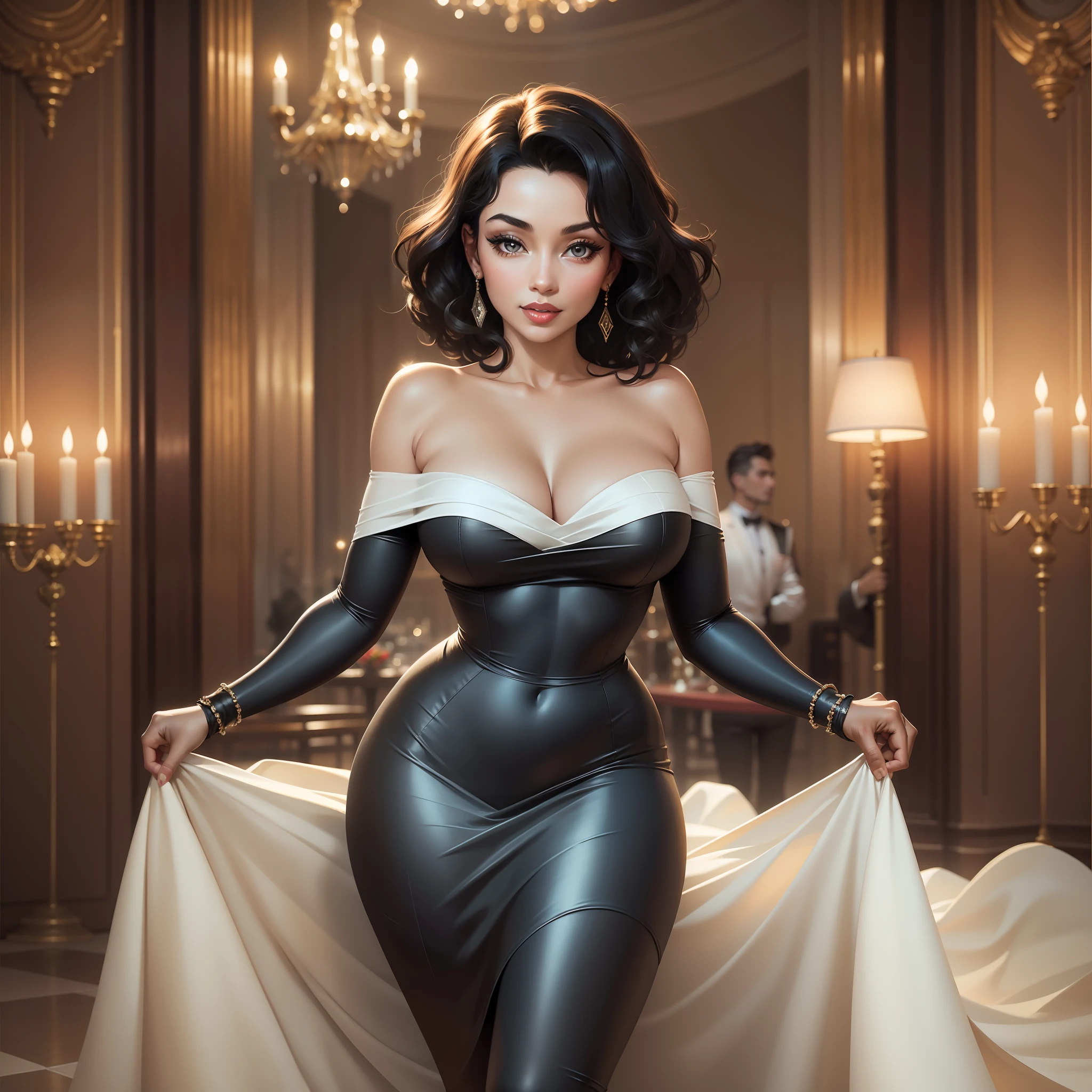 In the image, a dark-skinned, exuberant woman stands out, evoking the iconic presence of Marilyn Monroe. Her whole body is in focus, capturing the graceful curvature of her shapes.
The woman possesses a mesmerizing beauty, with delicate and expressive features. His face is a reflection of timeless elegance, with bright eyes that radiate confidence and a radiant smile that illuminates the image. Her full lips are painted a vibrant red, adding a touch of boldness and sophistication.
Her black hair, luxurious, wavy, falls gracefully down her shoulders and flows gently around her face, framing it with a touch of glamour.
The woman is dressed in an elegant classic-style dress with a generous neckline that enhances her femininity. The dress embraces her curves gracefully, accentuating her sculptural figure.
The woman's posture is confident and powerful, conveying a magnetic presence. His arms are slightly raised, as if in a moment of dancing or in a gesture of charm. The pose reveals his self-confidence and irresistible charm.
In the background of the image, one can perceive a luxurious setting, such as a gala environment or an illuminated stage. The atmosphere exudes an air of glamour and sophistication, while the dark-skinned woman embodies elegance and timeless beauty, reinterpreting Marilyn Monroe's iconic aura in a unique and inspiring way.