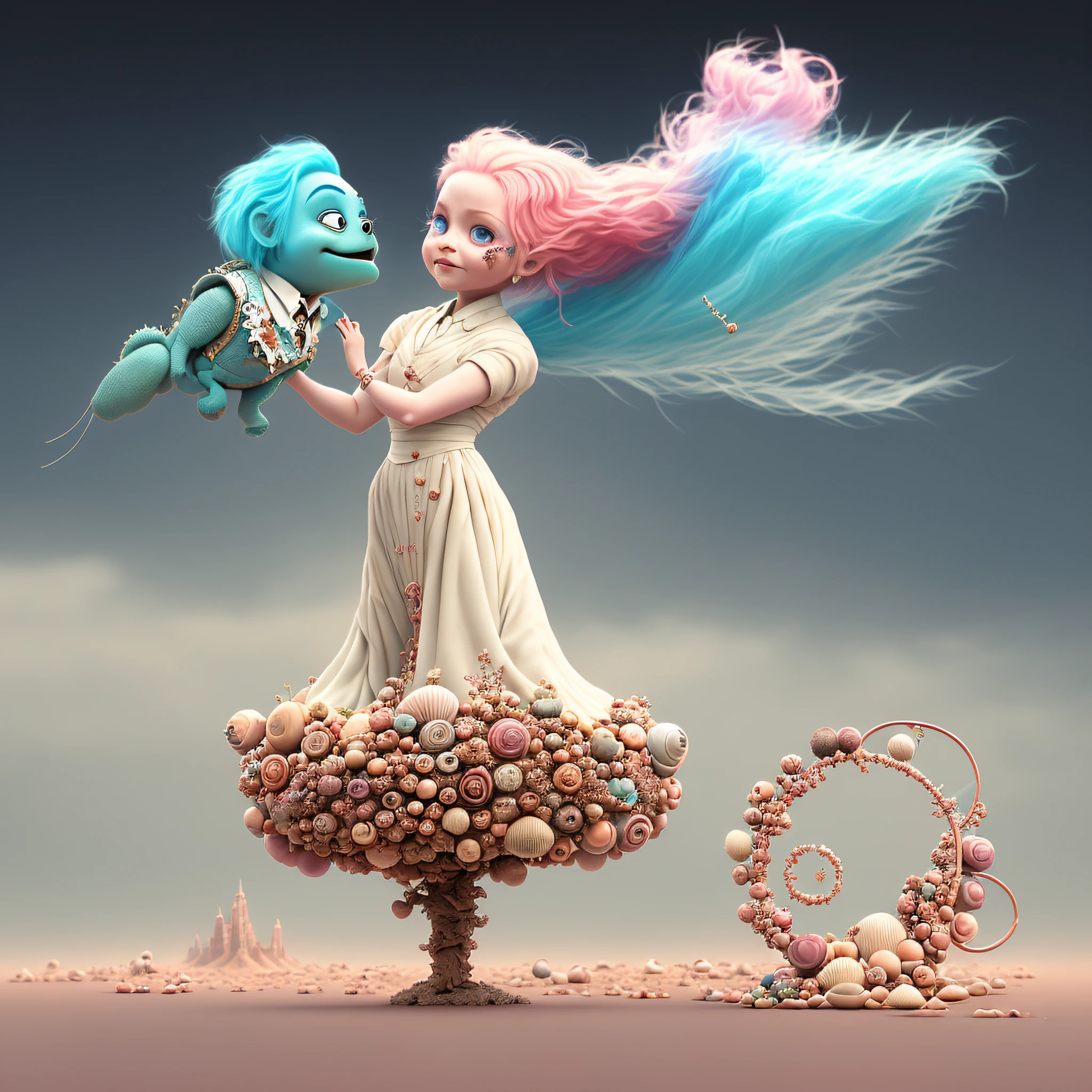 Digital art by Ray Caesar and Hannah Hch and Yohji Yamamoto, of a beautiful young woman in an action pose, pink hair, smile, centered in frame, wide shot, perky breasts, mask, pop surrealism, neo-dada, spectacular, spectacle, psychedelic, forced perspective, feminist art, empowering, masterpiece, private collection, curated collection, ((rose ivy)), behance, 3d render, cracked clay, gothic, bright colors, oversaturated, depth, spirals, fibonacci sequences, ((shells)), wings, muppet show, butterflies, flowers, gears, tunnels, surreal environment, fractals geometry, game assets, city scene, modern makeup, long eyelashes, ((rain drops)), chiffon dress, bracelets, punk rock, ((subversive art)), dirty, grime, dingey, mid cut jeans, specular highlights, reflections, ambient occlusion render, detailed, Marching squares, ((iso lines)), armature, detailed, elaborate, complex, desert, mountains, carriages, tiny robots, peanuts, cans, cars, stormy sky, moonlight, cats, dogs, muppets, (cloudport:0.7)