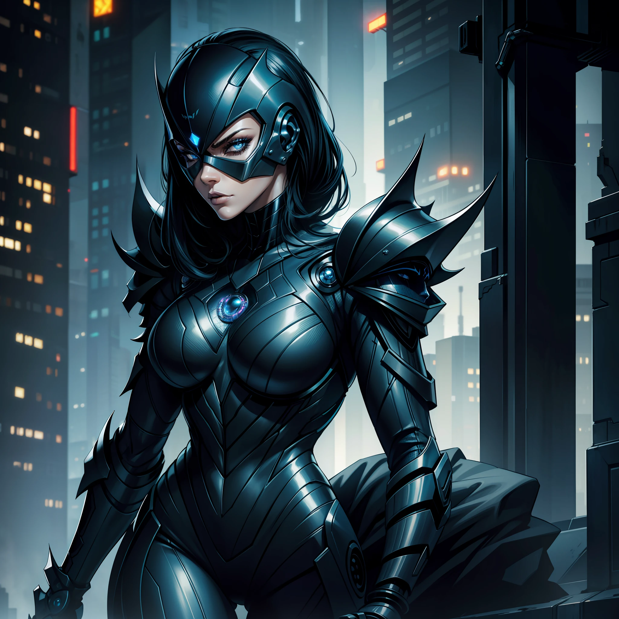 "(bioarmor symbiote spider metallic cyberpunk blue:1) (1woman) dark theme :: focus on closeup face, Rihanna face, sexy face ::ultra realistic futuristic cyberpunk tall athletic woman :: medium black hair :: spider cybernetic legs :: spider cybermask :: cool cybernetic spider theme bioarmor:: natural lighting :: bokeh :: 8k :: best quality :: masterpiece :: insanely detailed:1.5"