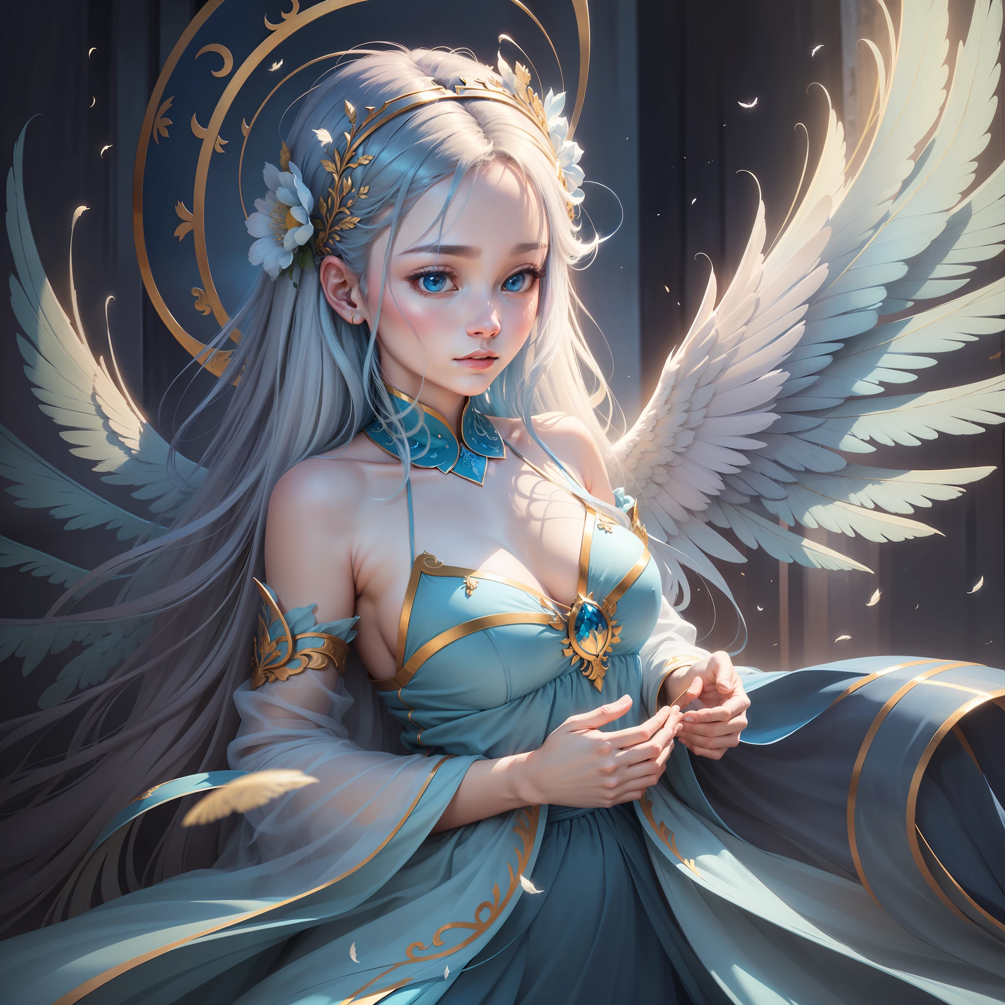 In the image, a vibrant and intense blue dominates the scenery, filling the entire space with a sense of serenity and tranquility. The shade of blue is so deep that it seems to glow softly, creating an almost magical effect. In the center of the image is a magnificent female angel with huge, imposing wings. Its wings, which seem made of pure light, extend majestically to the sides, occupying much of the frame. Each feather glows with a shimmering shade of blue, reflecting the intense color that surrounds the entire environment. The angel is in a serene posture, his feet slightly floating above the ground. His face is radiant, emanating a divine peace and beauty. His eyes are deep and tranquil, conveying a heavenly wisdom. She wears a flowing dress, made of an ethereal fabric that blends perfectly with the bluish hue that permeates the scene. Despite the grandeur of the wings, the angel looks light and delicate, conveying a sense of softness and security. His presence is comforting and inspiring, conveying a sense of deep peace and a connection to the divine. The image as a whole conveys a sense of calm and harmony, inviting the observer to let themselves be enveloped by serenity and to find a moment of peace in the midst of heavenly beauty.