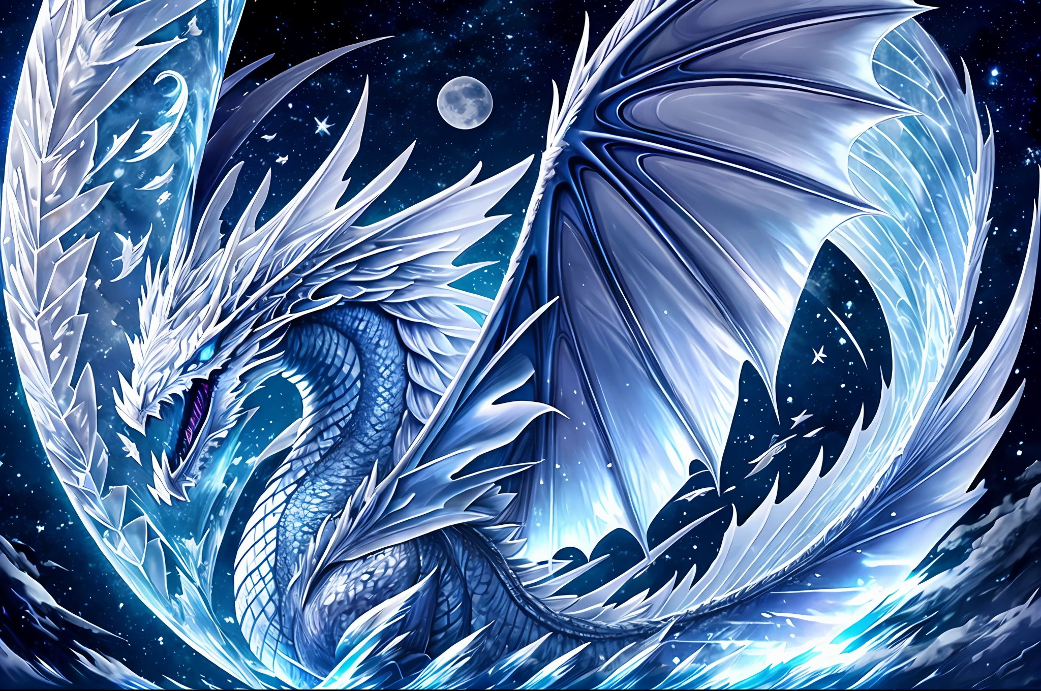 Ice Dragon Ice Wing Legs Quadruped Moonlit Night Starry Sky Back Bill Tail Fin Roar Flight Water Pattern Wings