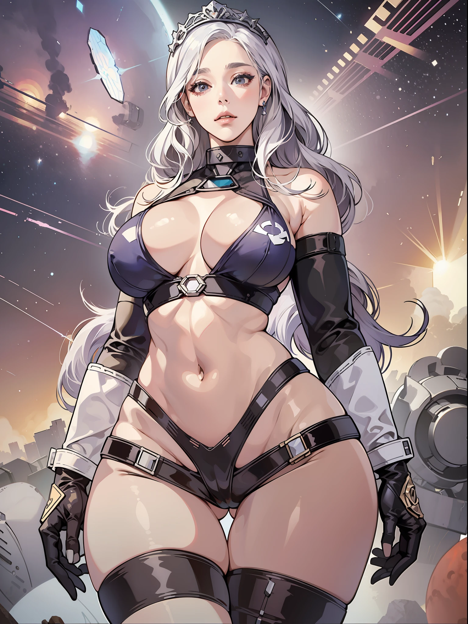 Woman 70 years, beautiful, white hair, chanel hair, realistic, perfect body, bikini, metal bikini, neural electronic tiara, thin waist, wide hips, large , thick thighs, no expression wrinkles, interstellar background, futuristic city on mars