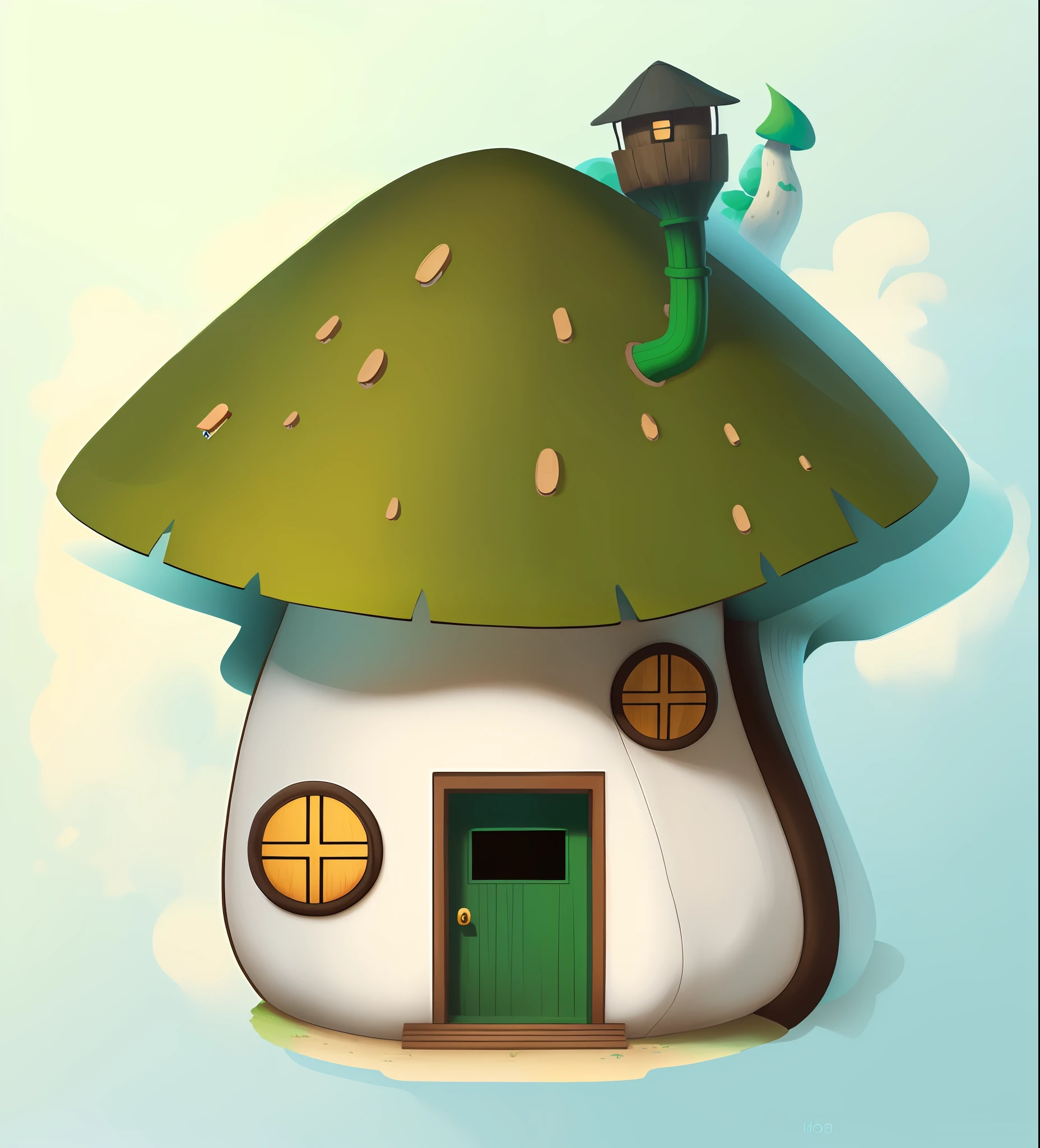 Close up of mushroom house with door and chimney, sticker of house in forest, mushroom house, mushroom shaped house, round house with cute characters, fantasy sticker illustration, sticker illustration, mushroom house, magic mushroom, mushroom cap, mushroom hut in background, mushroom, house illustration, house in candy land style house,