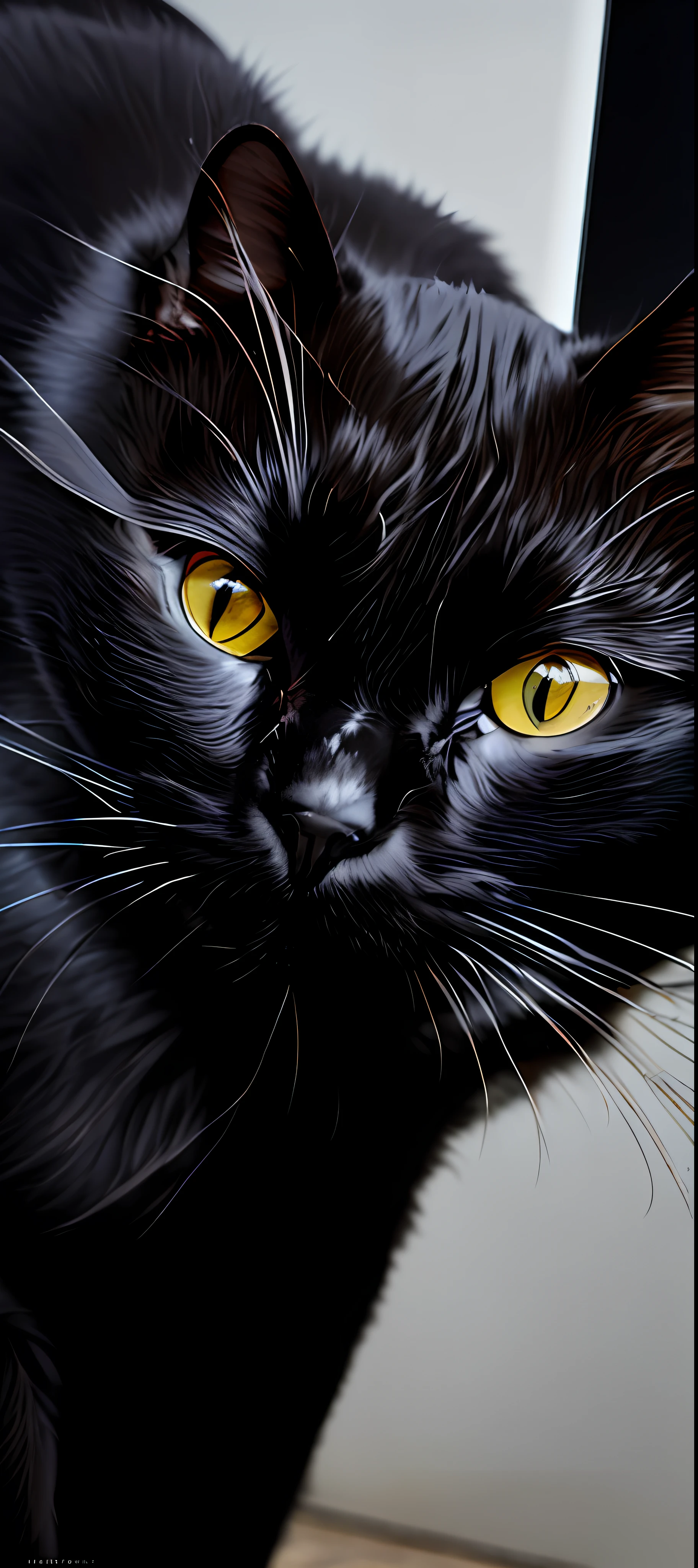 There is a black cat that is sitting, black cat taking a selfie, looking at the camera, looking at the camera, big black eyes!!!, looking at the camera, looking at the camera, cat up close, looking directly at the camera, is looking at the camera, with anxious and penetrating eyes