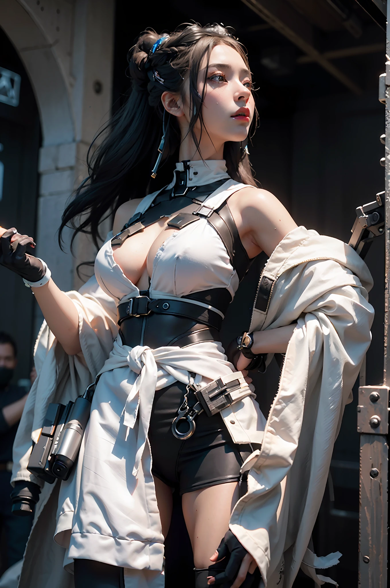 ((Best quality)), ((masterpiece)), (detailed:1.4), 3D, an image of a beautiful cyberpunk black female with braids on head,HDR (High Dynamic Range),Ray Tracing,NVIDIA RTX,Super-Resolution,Unreal 5,Subsurface scattering,PBR Texturing,Post-processing,Anisotropic Filtering,Depth-of-field,Maximum clarity and sharpness,Multi-layered textures,Albedo and Specular maps,Surface shading,Accurate simulation of light-material interaction,Perfect proportions,Octane Render,Two-tone lighting,Wide aperture,Low ISO,White balance,Rule of thirds,8K RAW, anime - style woman in a white and black outfit with a gun, cyborg merchant girl,