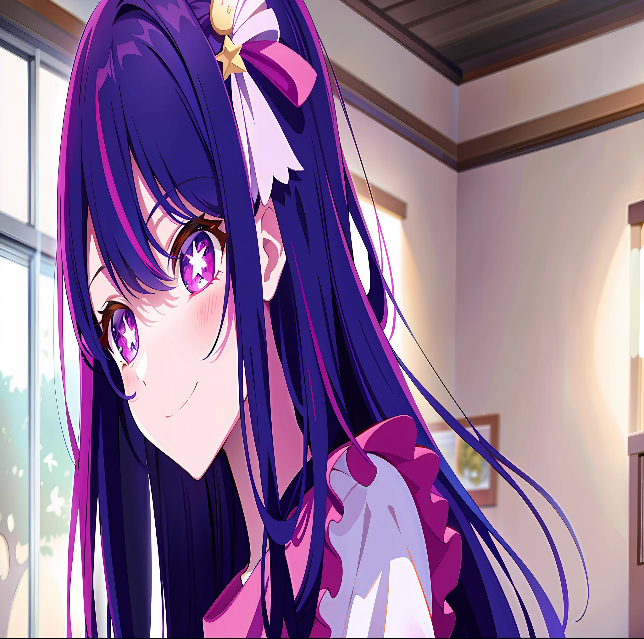Hoshino Ai, long hair, purple hair, streaked hair ,purple eyes, (star-shaped pupils), hair ornament, 1girl, (masterpiece:1,2), best quality, masterpiece, highres, original, extremely detailed wallpaper, perfect lighting,(extremely detailed CG:1.2),half_body,(happy), smile, indoors, bedroom, medium shot,22-year-old,(Correct perspective relationship),five-toes-feet,(feet details:0.9),