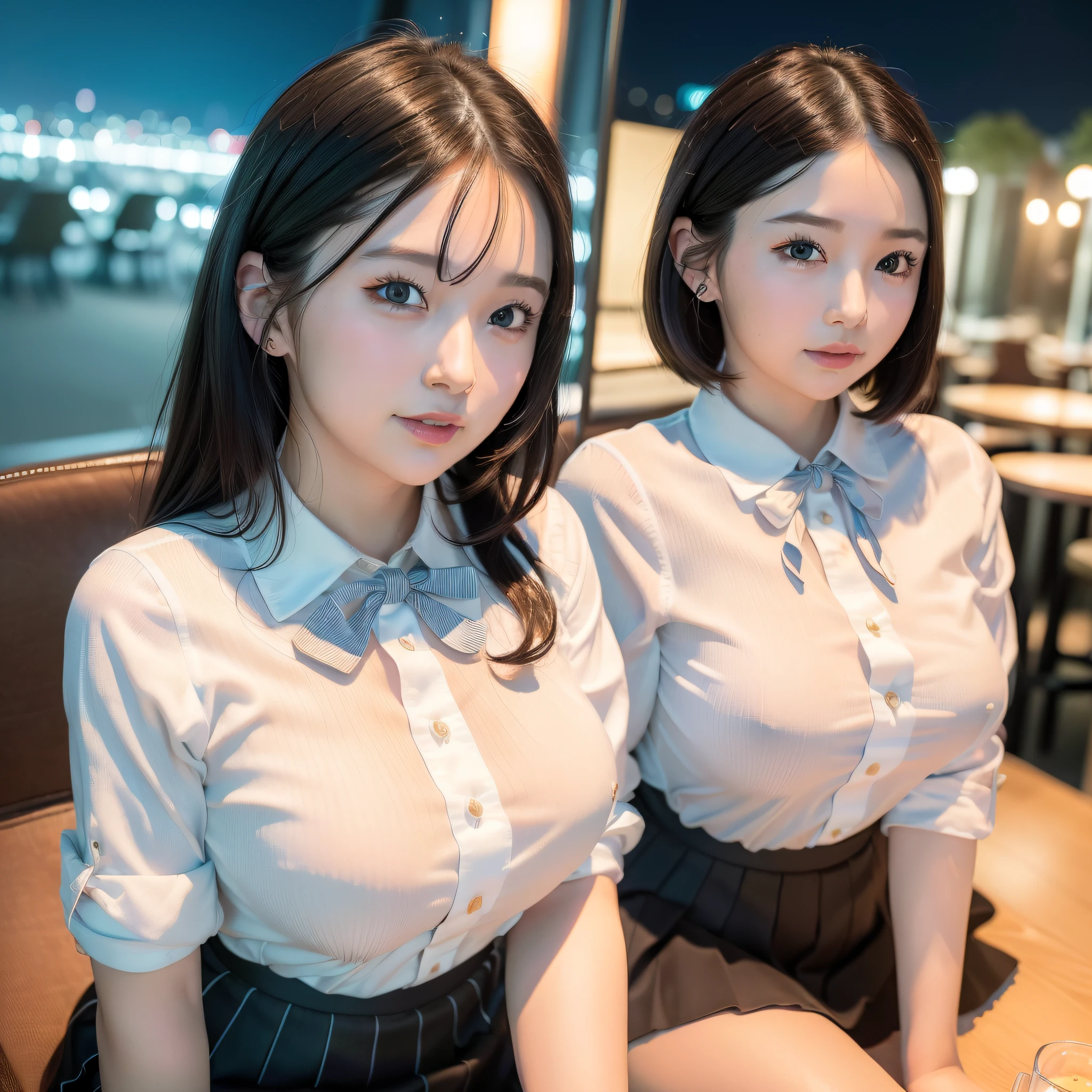 (8k, RAW photo, best quality, masterpiece:1.2), (realistic, photo-realistic:1.37), ultra-detailed, 1 girl,cute, solo,beautiful detailed sky,detailed cafe,night,sitting,dating,(nose blush),(smile:1.1),(closed mouth), medium breasts,beautiful detailed eyes,(collared shirt:1.1), bowtie,pleated skirt,(short hair:1.2),floating hair