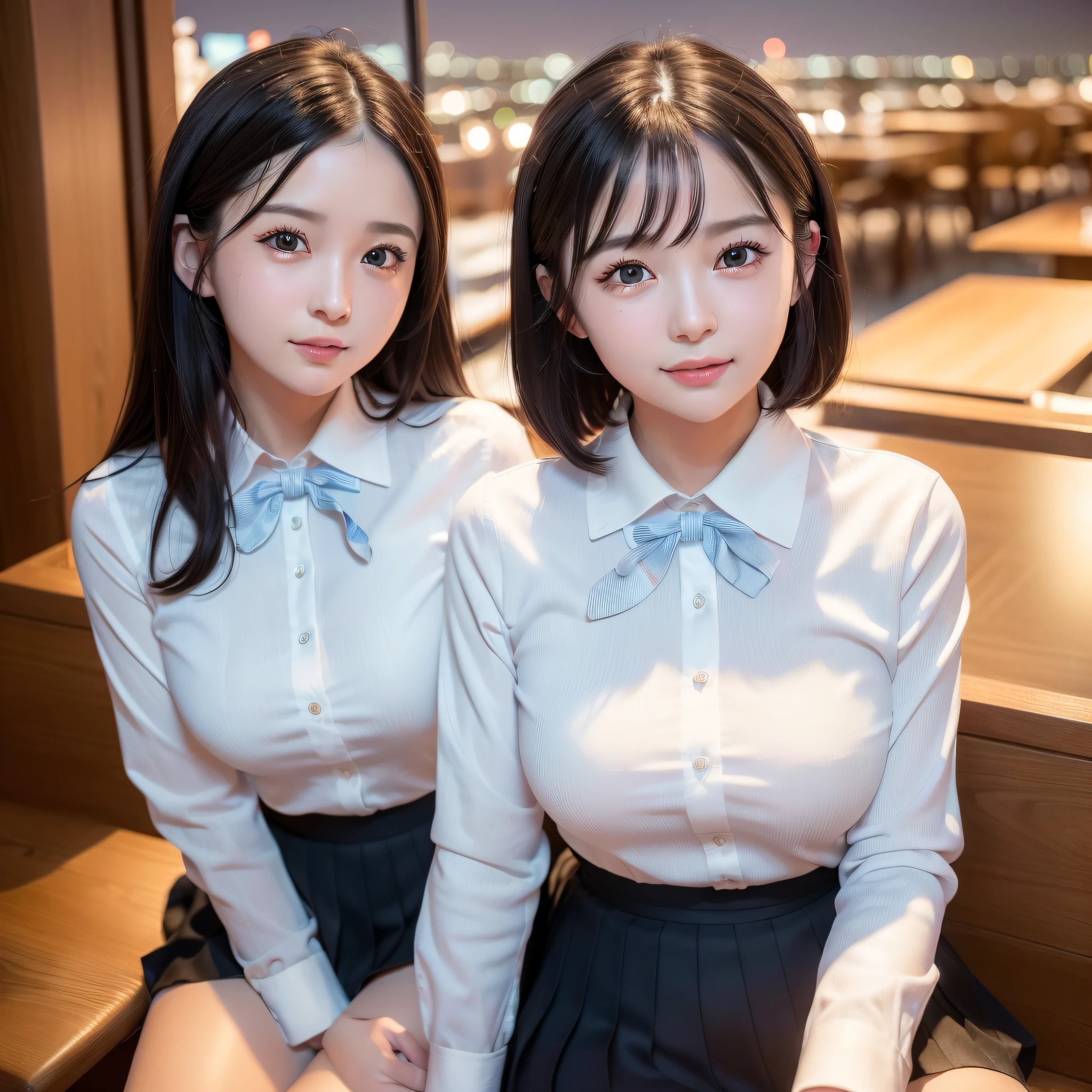 (8k, RAW photo, best quality, masterpiece:1.2), (realistic, photo-realistic:1.37), ultra-detailed, 1 girl,cute, solo,beautiful detailed sky,detailed cafe,night,sitting,dating,(nose blush),(smile:1.1),(closed mouth), medium breasts,beautiful detailed eyes,(collared shirt:1.1), bowtie,pleated skirt,(short hair:1.2),floating hair