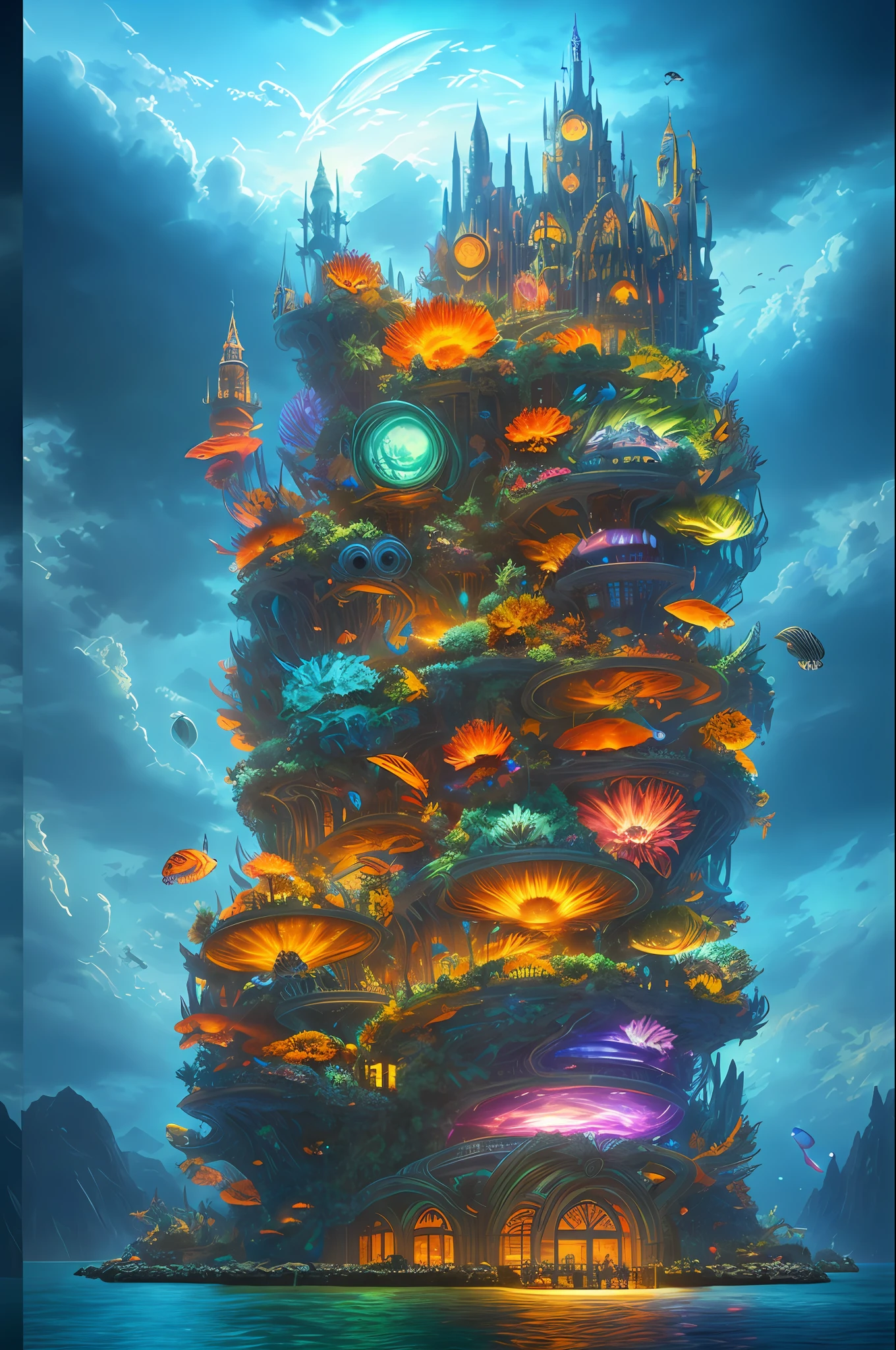 Epic fantasy concept, modern transparent building at night as a huge aquarium containing sea creatures, beautiful colorful light decorations, wide angle lens, 8k octane rendering, realistic, cinematic lighting, detailed architecture, detailed fish, sunflowers, layered clouds, alien landscape, oil painting texture