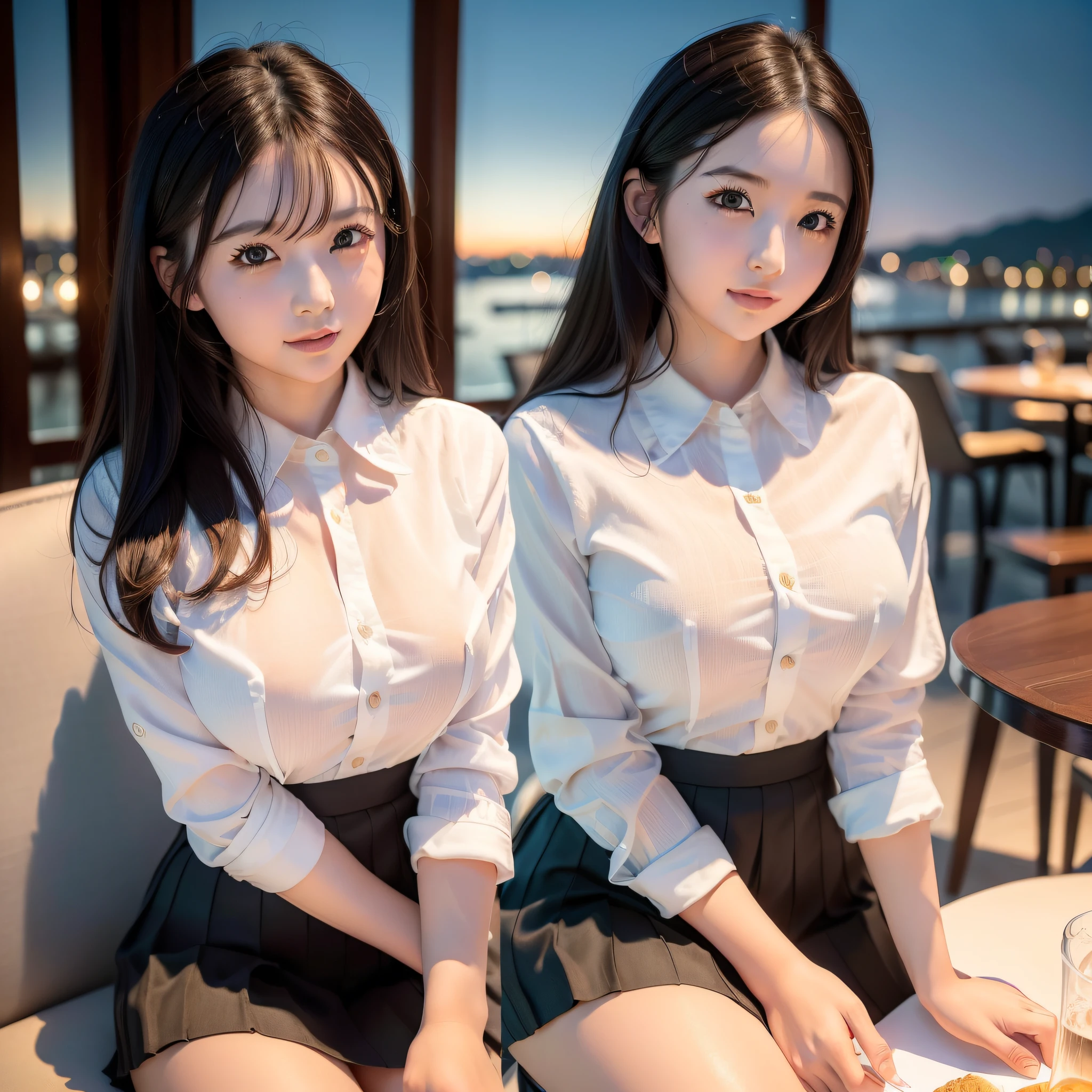 (8k, RAW photo, best quality, masterpiece:1.2), (realistic, photo-realistic:1.37), ultra-detailed, 1 girl,cute, solo,beautiful detailed sky,detailed cafe,night,sitting,dating,(nose blush),(smile:1.1),(closed mouth), medium breasts,beautiful detailed eyes,(collared shirt:1.1), bowtie,pleated skirt,(short hair:1.2),floating hair